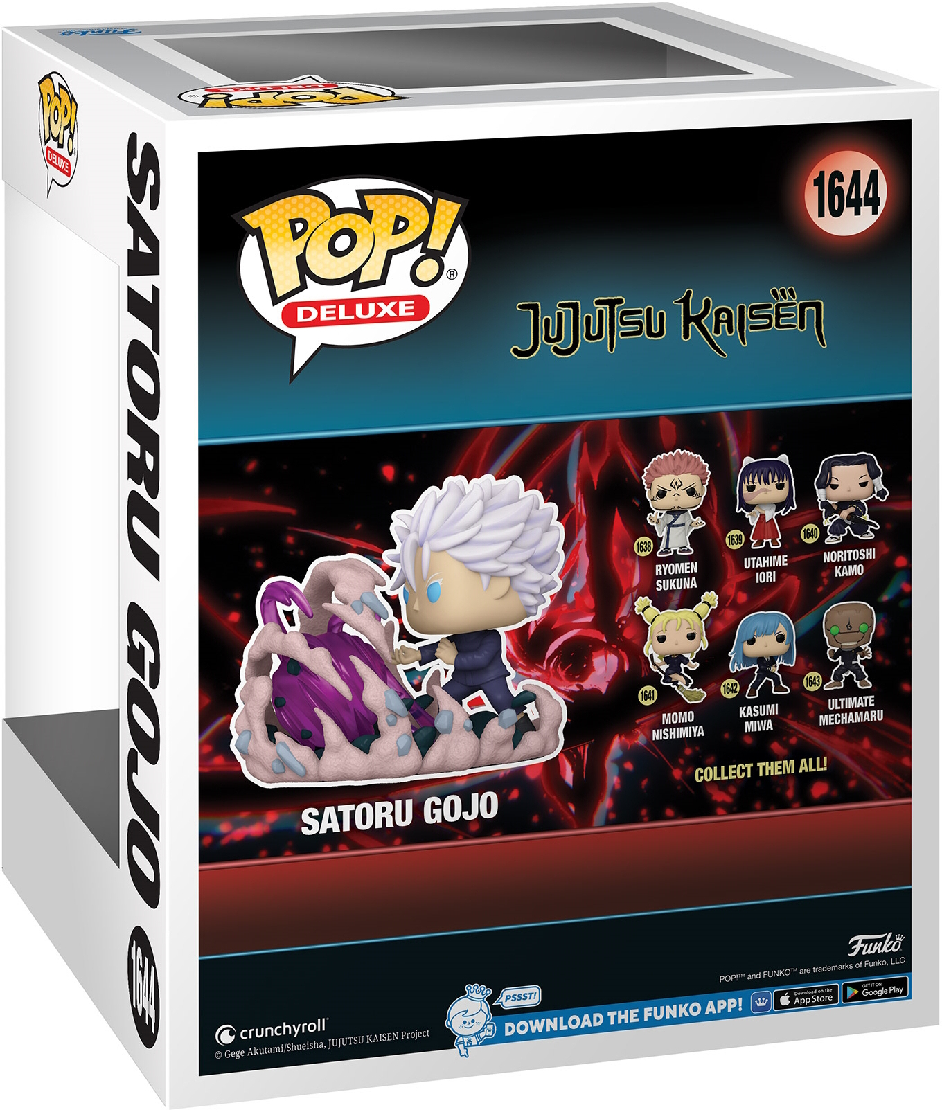 Pudełko figurki Funko Pop Satoru Gojo. Grafika na pudełku przedstawia figurkę i inne z serii.