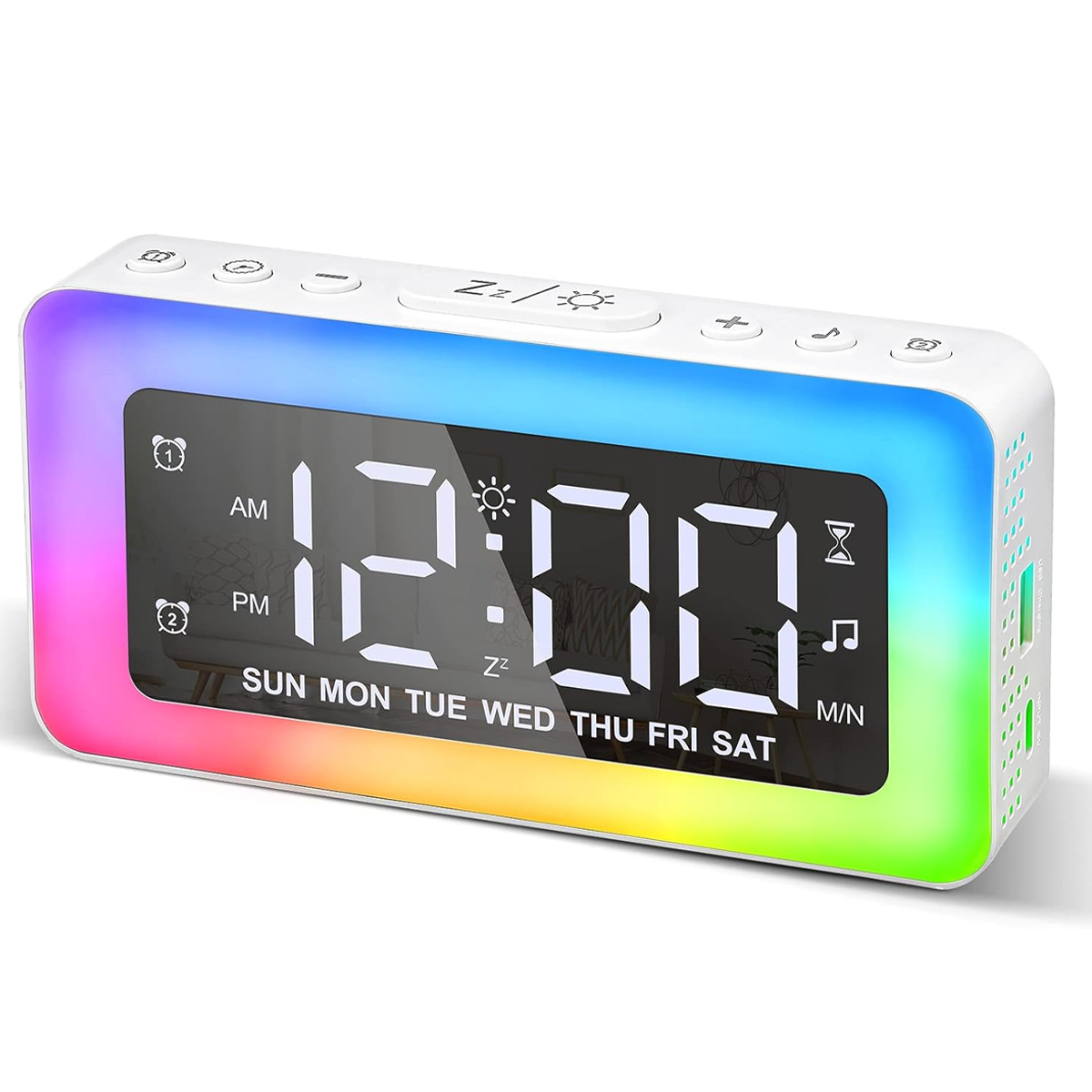 Digitaler Wecker mit regenbogenfarbenem Rahmen. Zeigt Uhrzeit und Wochentag an.