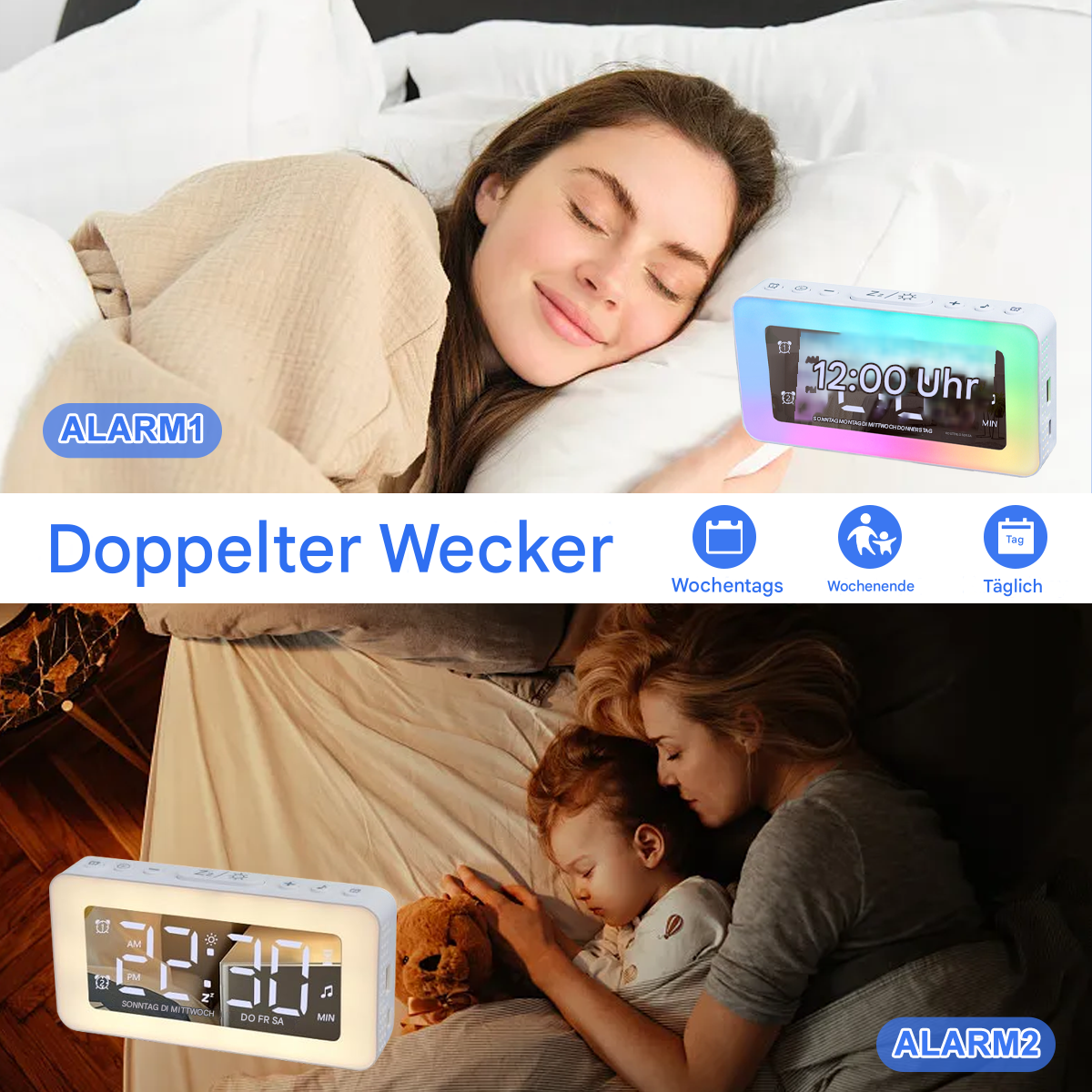 Eine schlafende Frau und ein Kind mit einem Doppelwecker. Weiße Bettwäsche und Hintergrund.