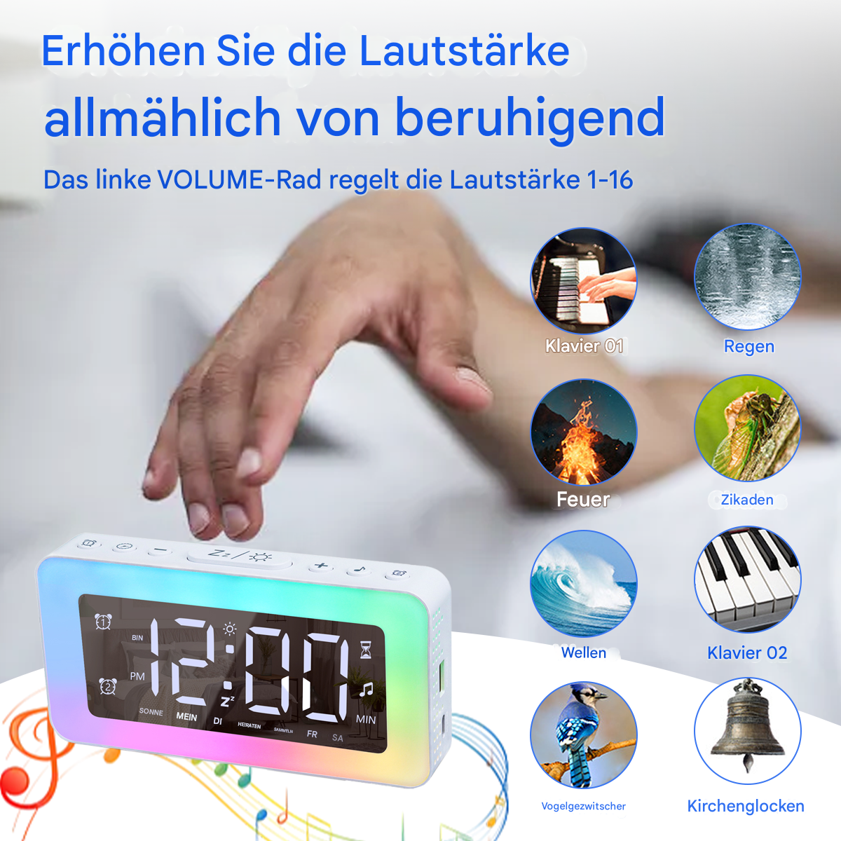 Ein digitaler Wecker, der die Zeit anzeigt. Bilder von Wasser, Klavier, Feuer und Natur umgeben die Uhr.