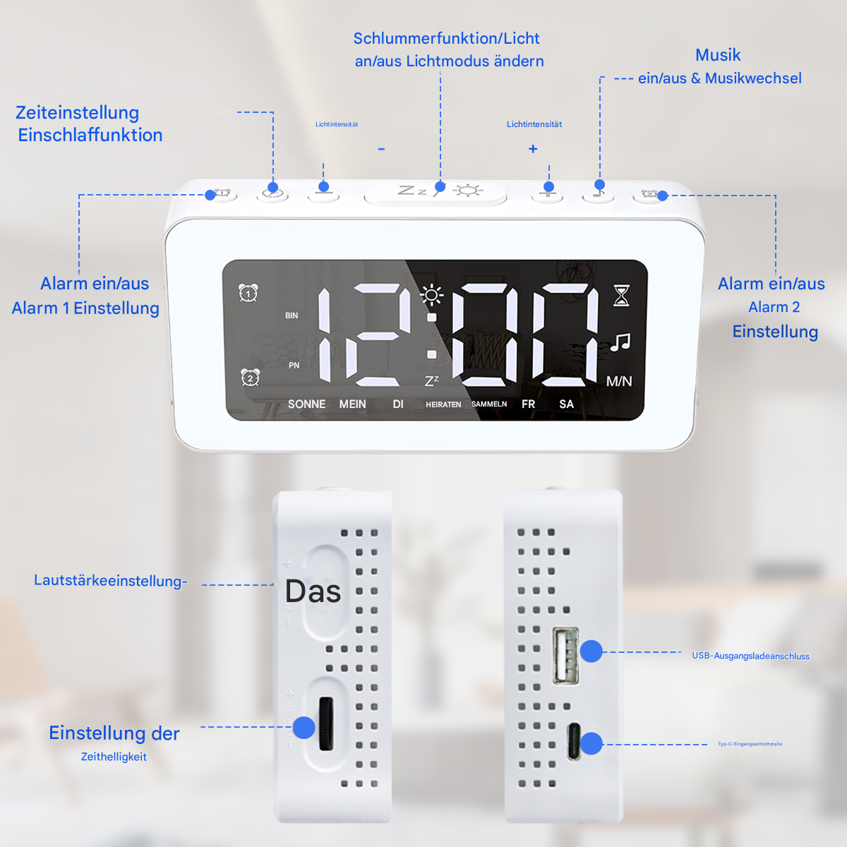 Eine weiße Digitaluhr mit Beschriftungen. Die Uhr hat zwei Seiten und einen USB-Anschluss. Sie zeigt 12:00 Uhr.
