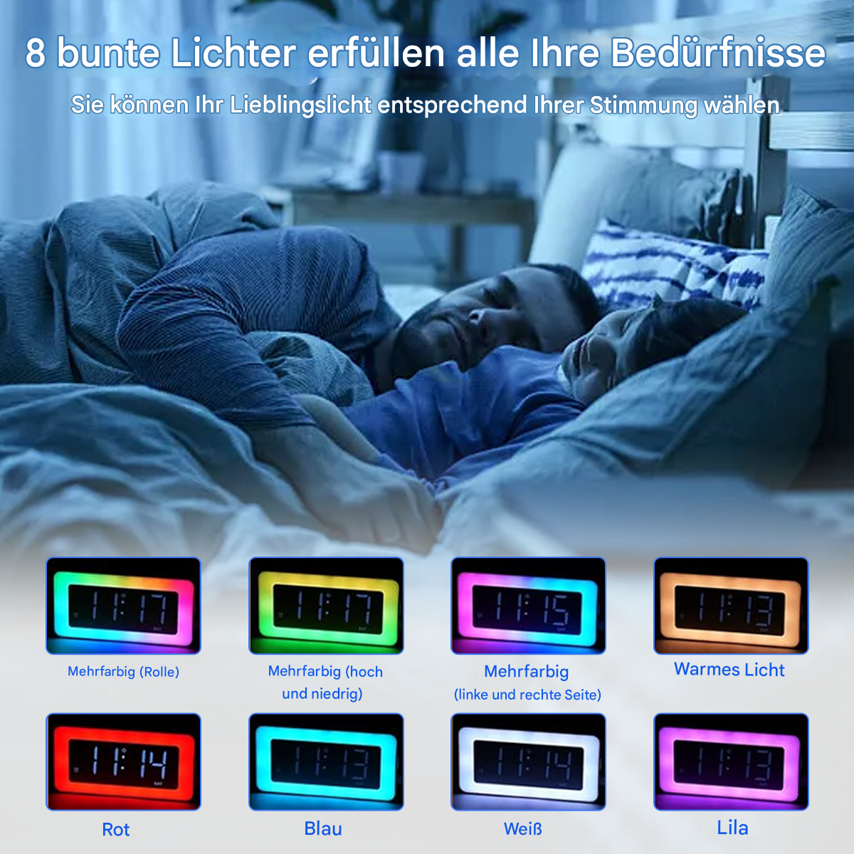 Digitale Wecker mit mehrfarbigen Displays.
