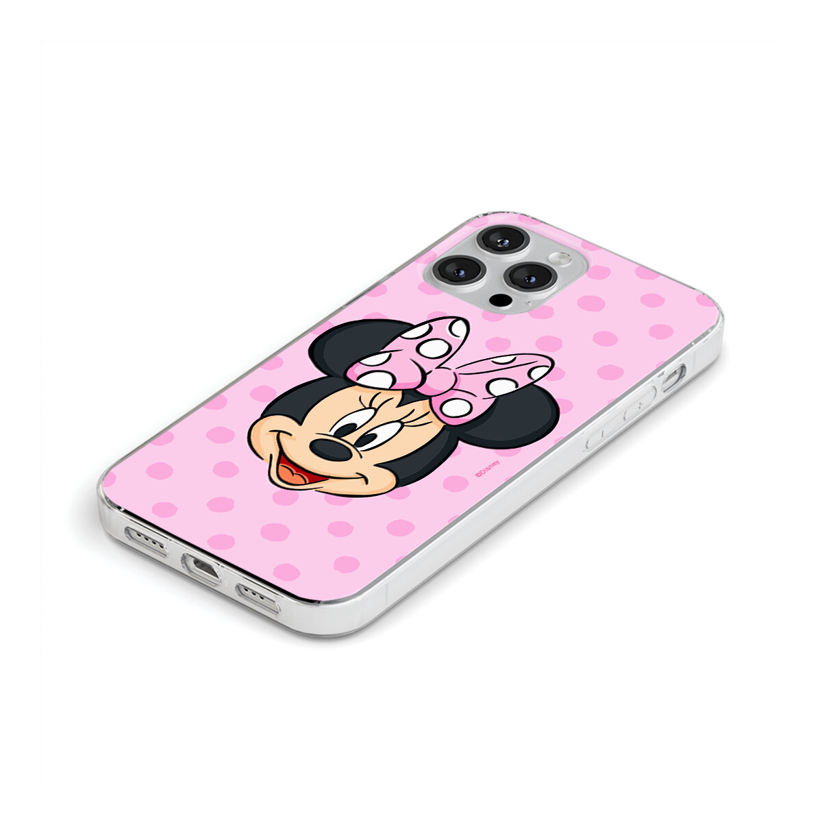 Eine pinke Handyhülle mit Minnie Maus-Design. Die Hülle hat Tupfen und Minnies Gesicht.