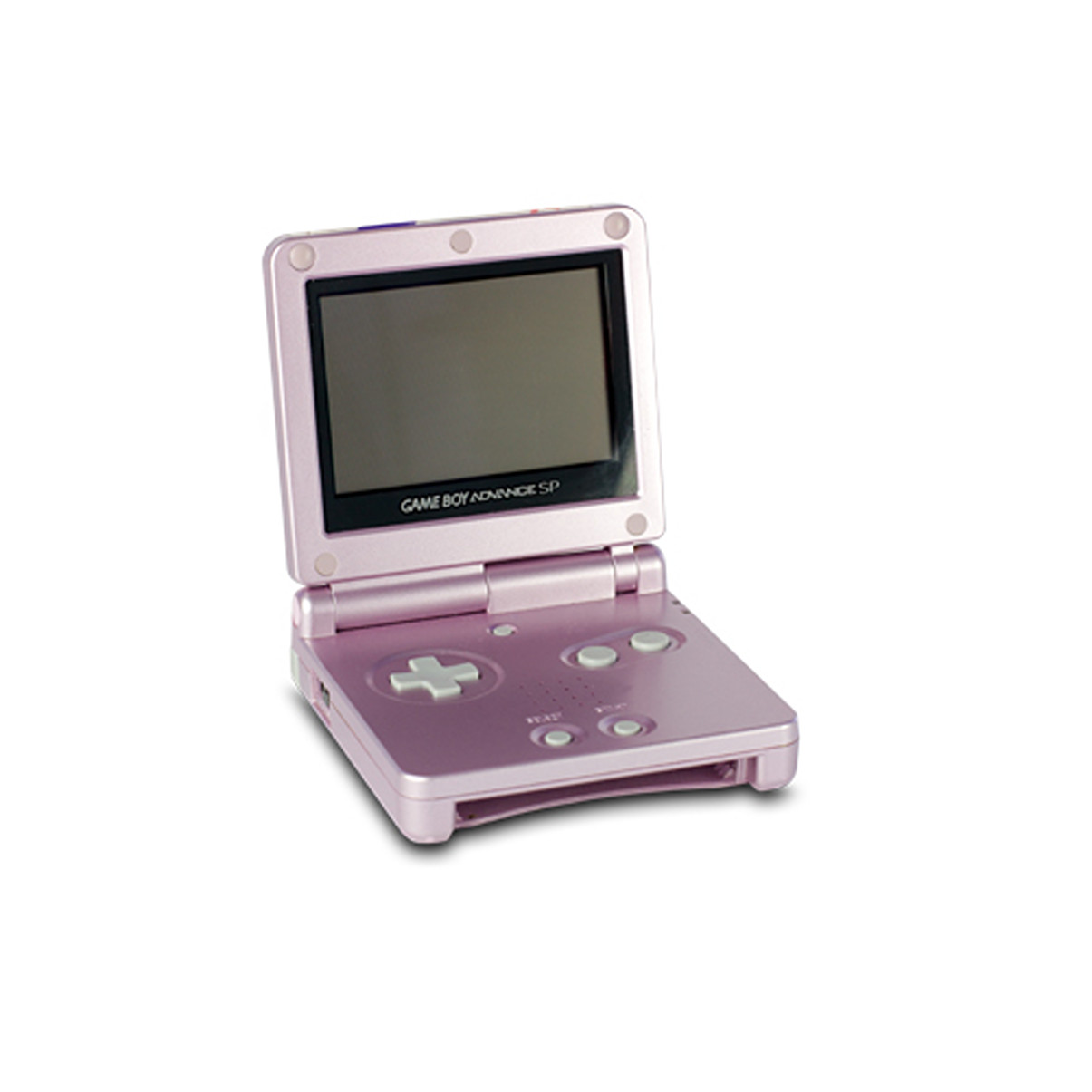 Pinkfarbenes Game Boy Advance SP, geöffnet, zeigt Bildschirm und Bedienelemente, vor weißem Hintergrund.