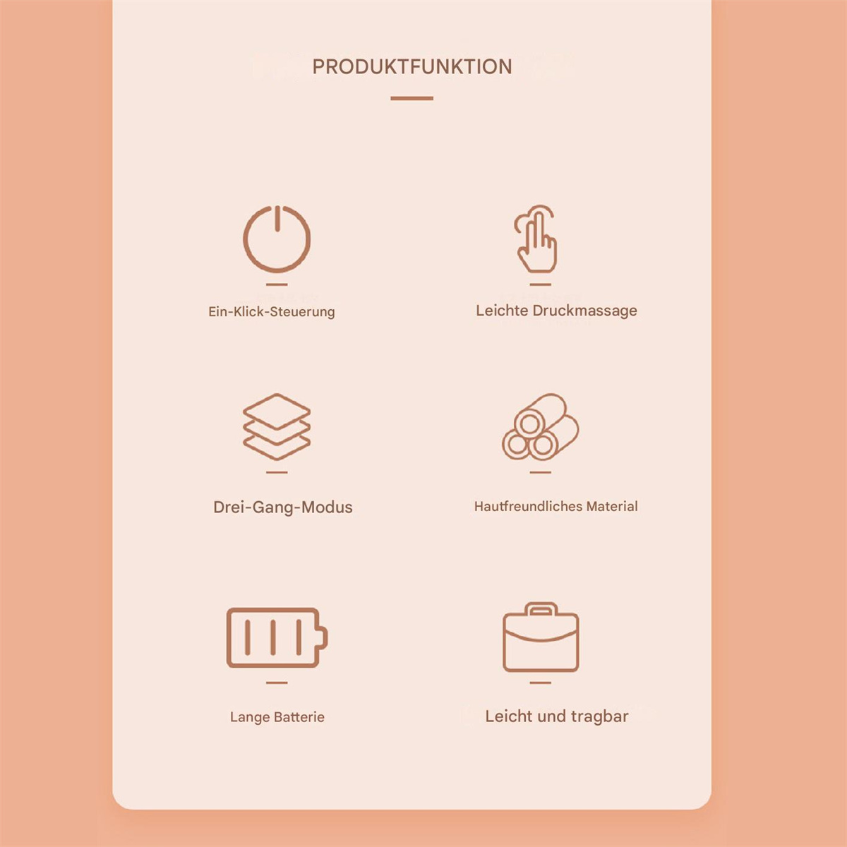 Diagramm zeigt Produktmerkmale: Ein-Klick-Steuerung, leichte Massage, Drei-Gang-Modus, hautfreundliches Material.