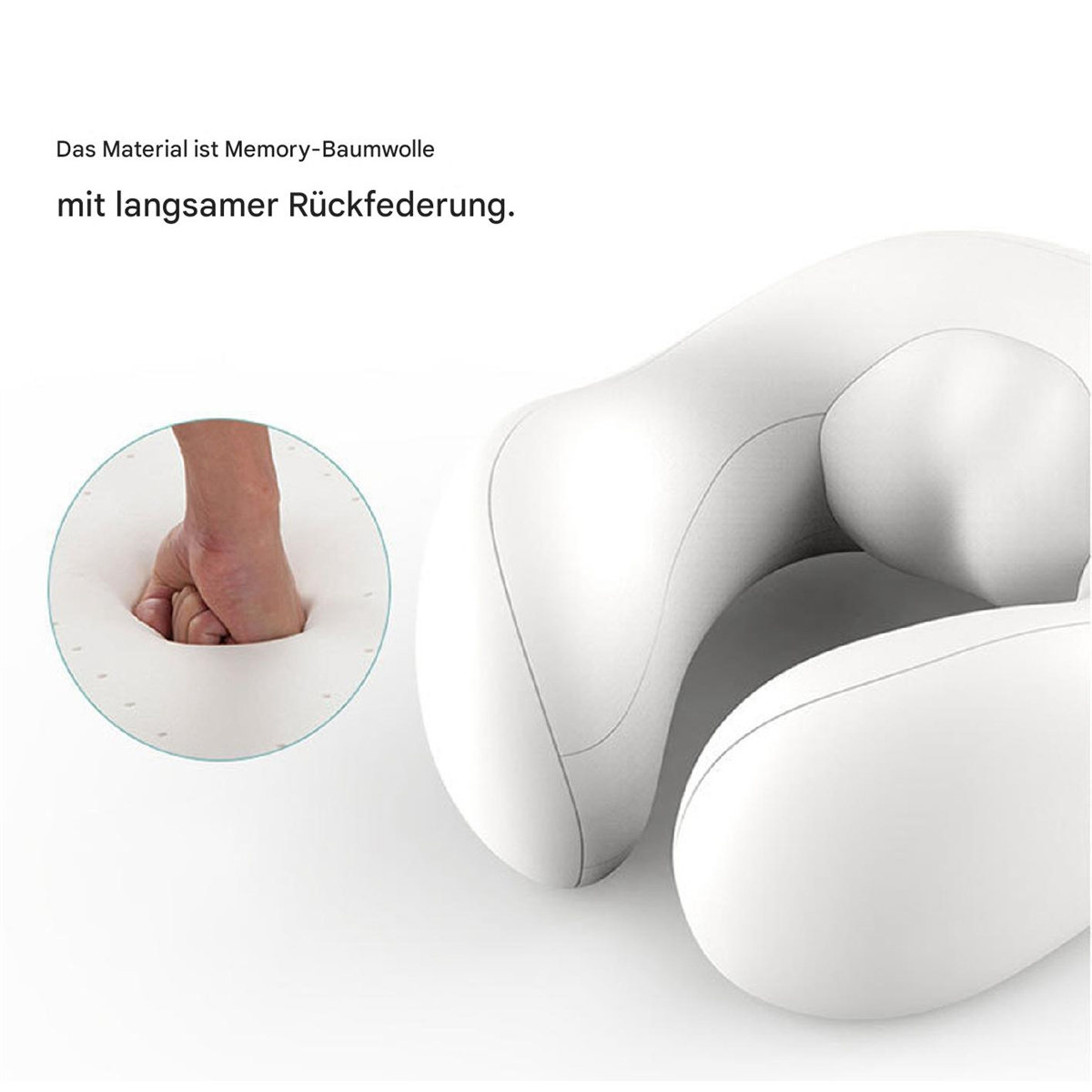 Weißes Nackenkissen mit Hand, die in den Memory-Schaum drückt. Text sagt 'Memory-Schaum' und 'langsamer Rückprall'.