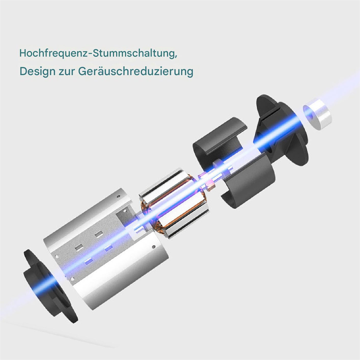 Explosionszeichnung eines Geräts mit blauem Lichtstrahl.