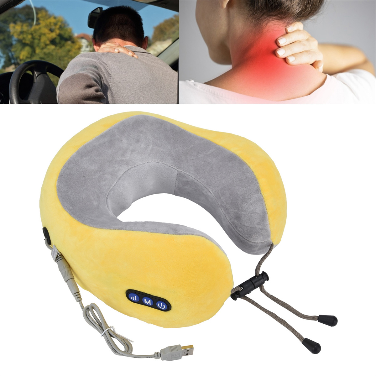 Bild zeigt ein Nackenkissen mit Massagefunktion, eine Person im Auto mit Nackenschmerzen und eine Person mit Nackenschmerzen.