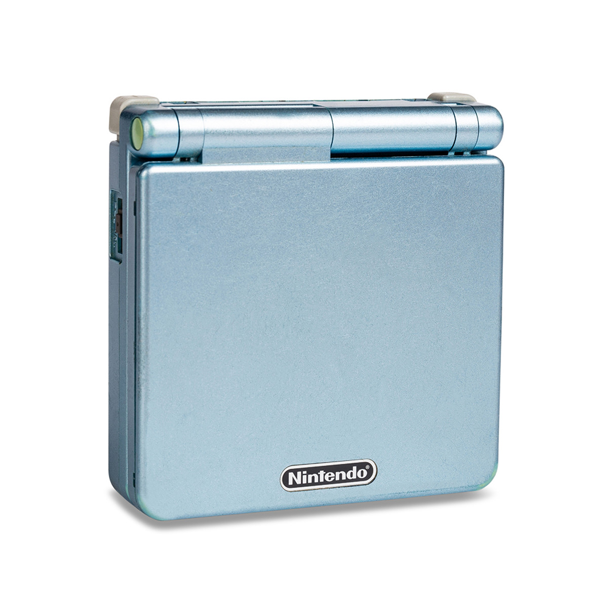 Blauer Nintendo Game Boy Advance SP, weißer Hintergrund.