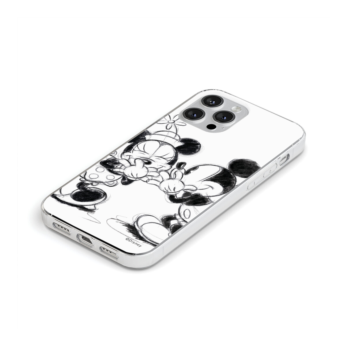 Weißes Handycase mit einem skizzierten Minnie- und Mickey-Mouse-Design. Die Kamera des Telefons ist sichtbar.