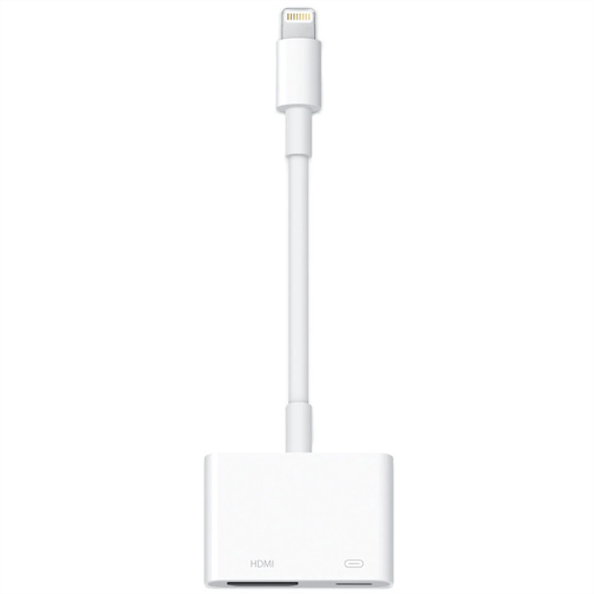 Weißer Adapter mit Lightning-Anschluss und HDMI-Anschluss.