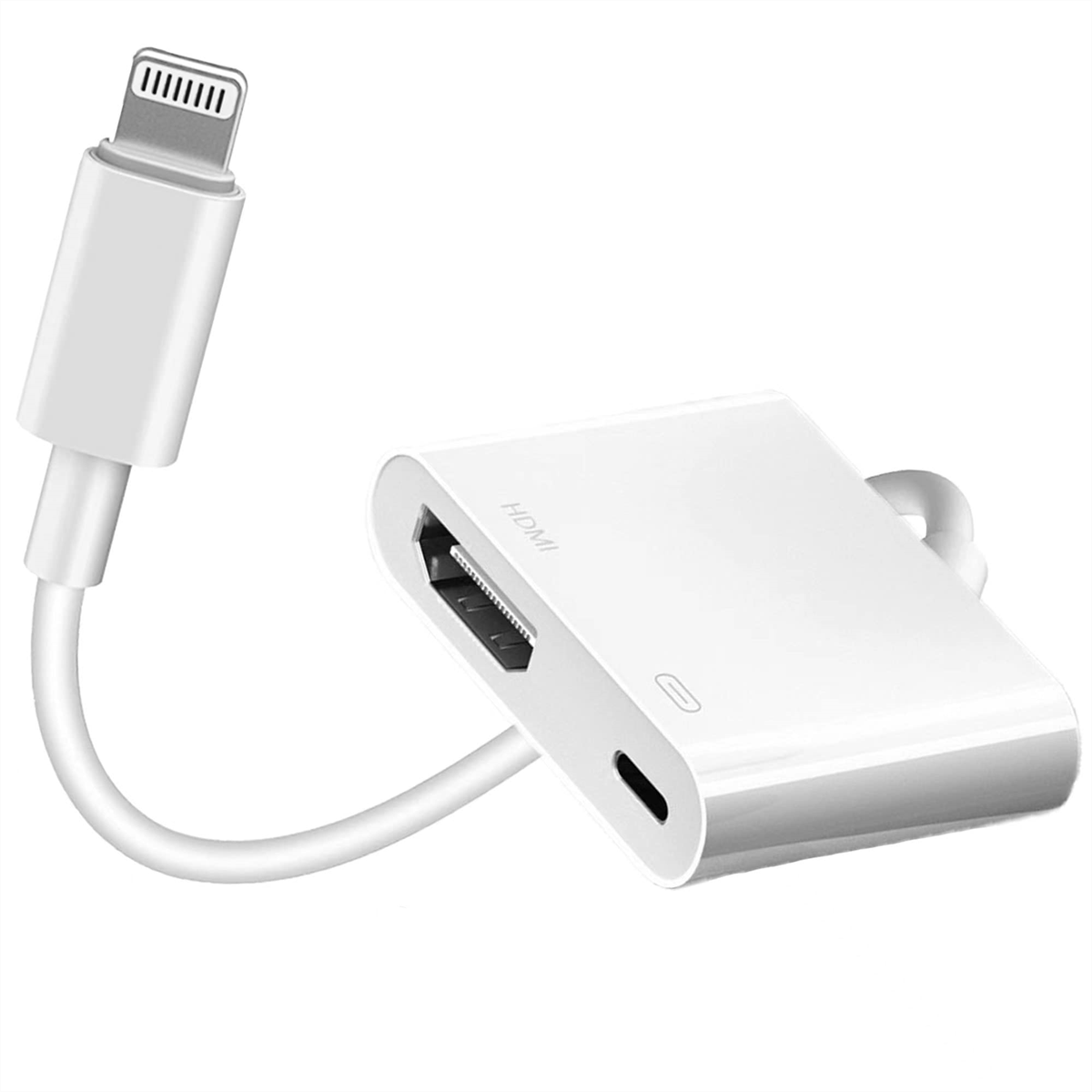 Weißer Adapter mit Lightning-Anschluss und HDMI-Ausgang. Ein USB-Anschluss ist ebenfalls sichtbar. Weißer Hintergrund.