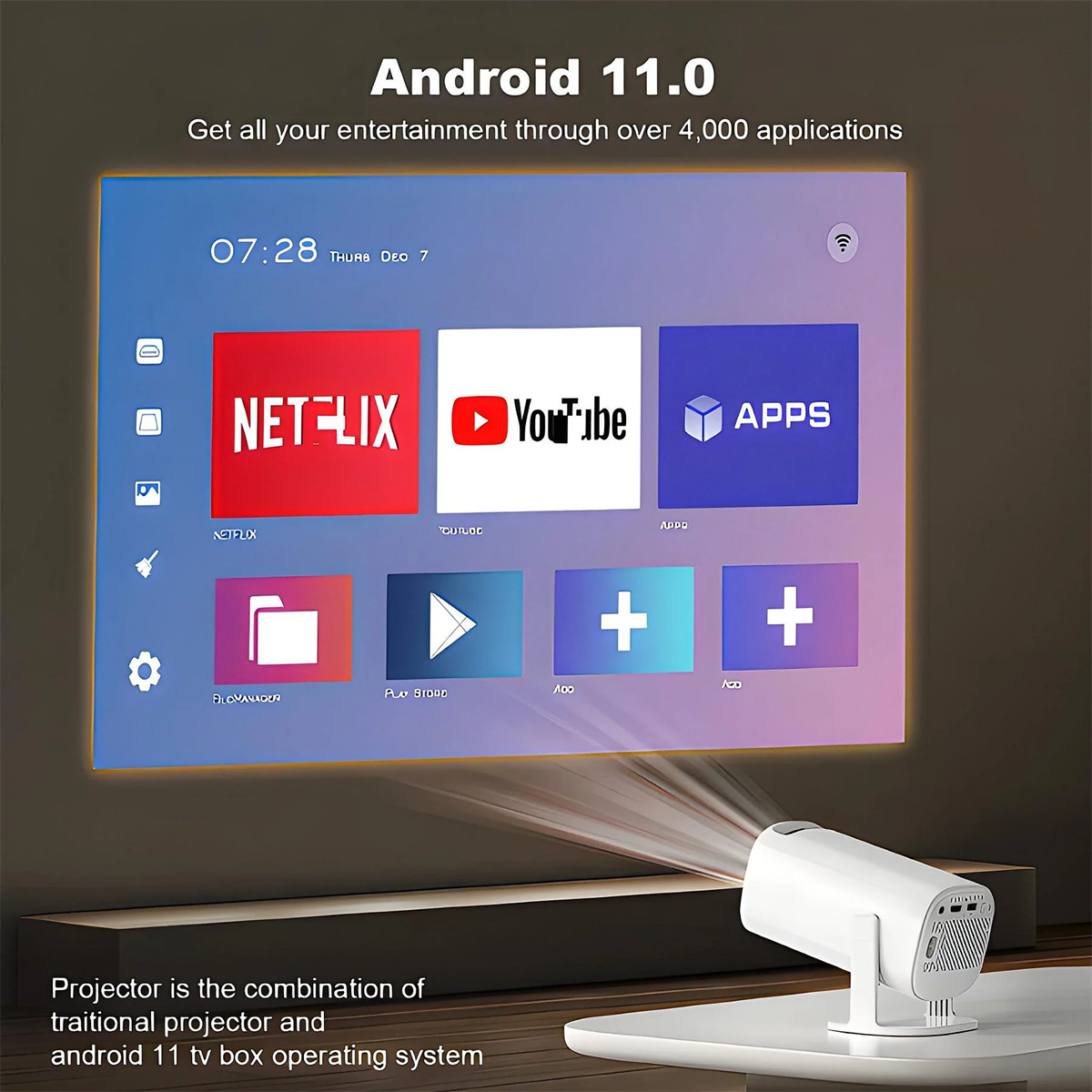 Projektor, der ein Bild auf eine Leinwand projiziert, auf der Netflix, YouTube und andere App-Symbole angezeigt werden.