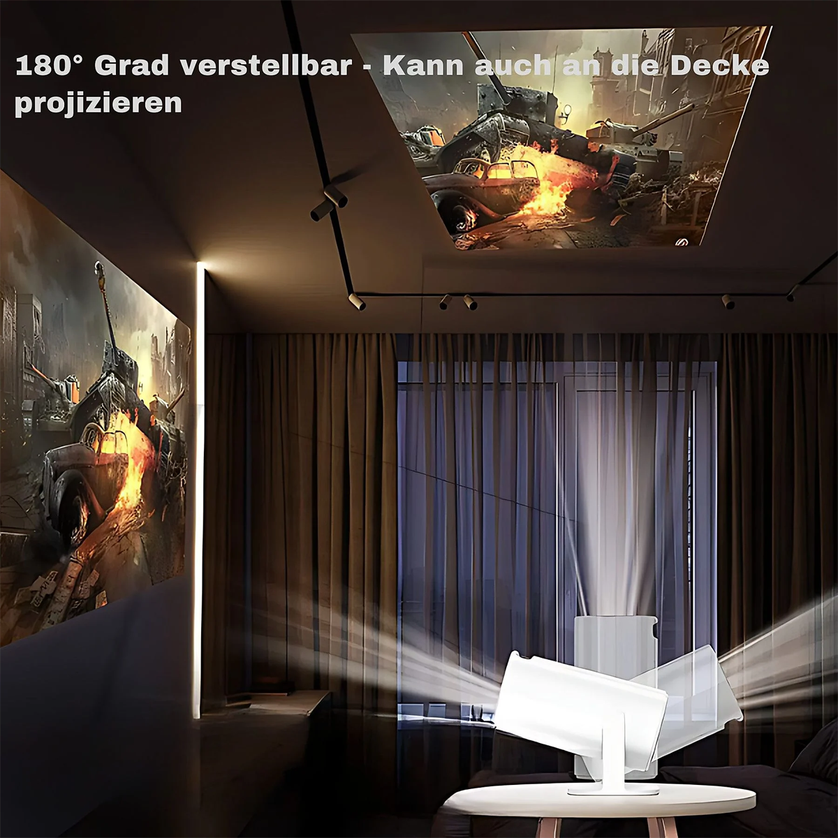 Projektor zeigt Kriegsszene an Wand und Decke. Weißer Projektor auf dem Tisch.