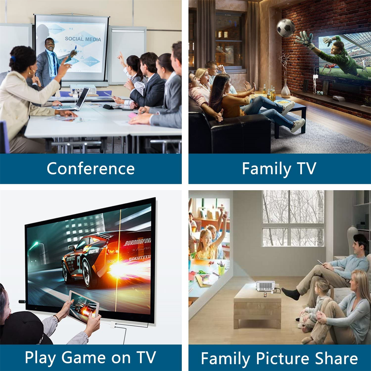 Vier Bilder. Konferenz, Family TV, Spiele auf dem Fernseher spielen und Family Picture Share.