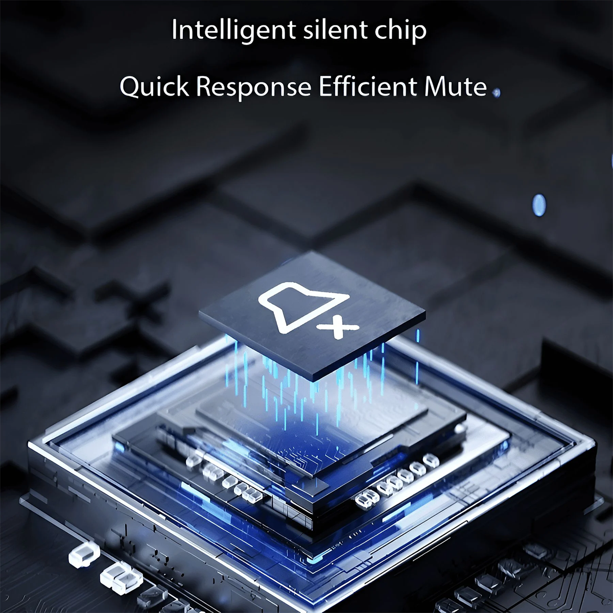 Nahaufnahme eines Mikrochips mit Text über einen intelligenten, leisen Chip. Ein Lautsprechersymbol mit Kreuz ist sichtbar.