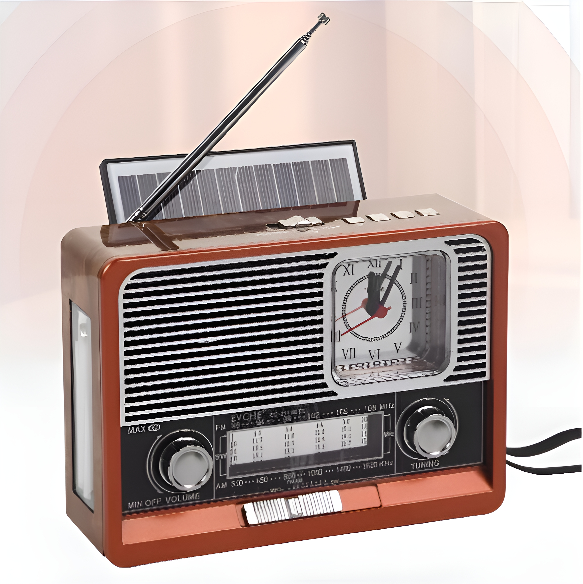 Radio im Retro-Stil mit Uhr. Verfügt über ein Solarpanel, Drehregler und Lautsprecher.