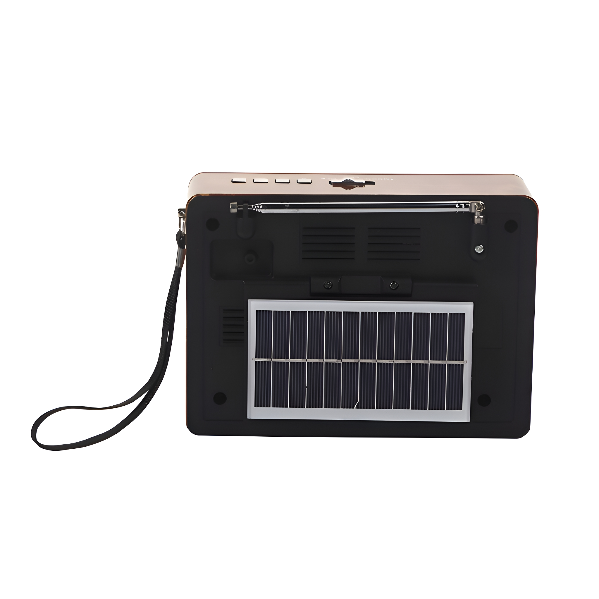 Ein schwarz-braunes Retro-Radio mit Solarpanel auf der Rückseite. Es hat eine Antenne und einen Trageriemen.