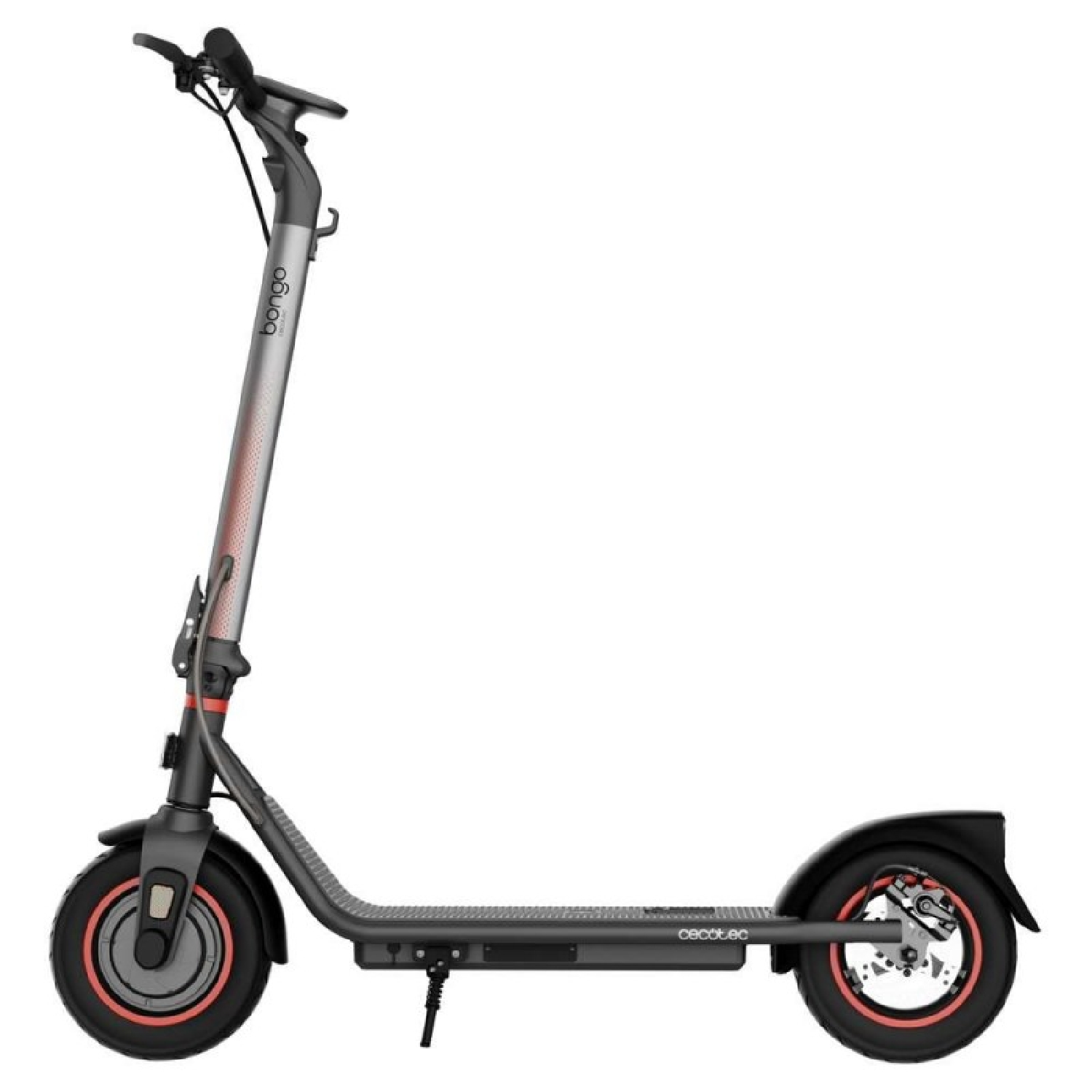 Grauer Cecotec Bongo Elektroroller. Er hat eine schwarze Plattform und rote Akzente auf den Rädern.