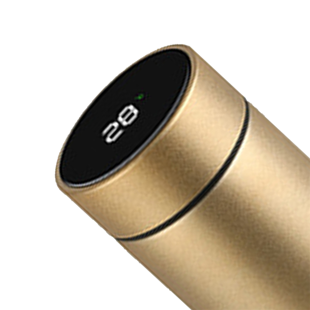 Eine goldfarbene, isolierte Wasserflasche mit einem schwarzen Deckel, der eine Temperaturanzeige zeigt.