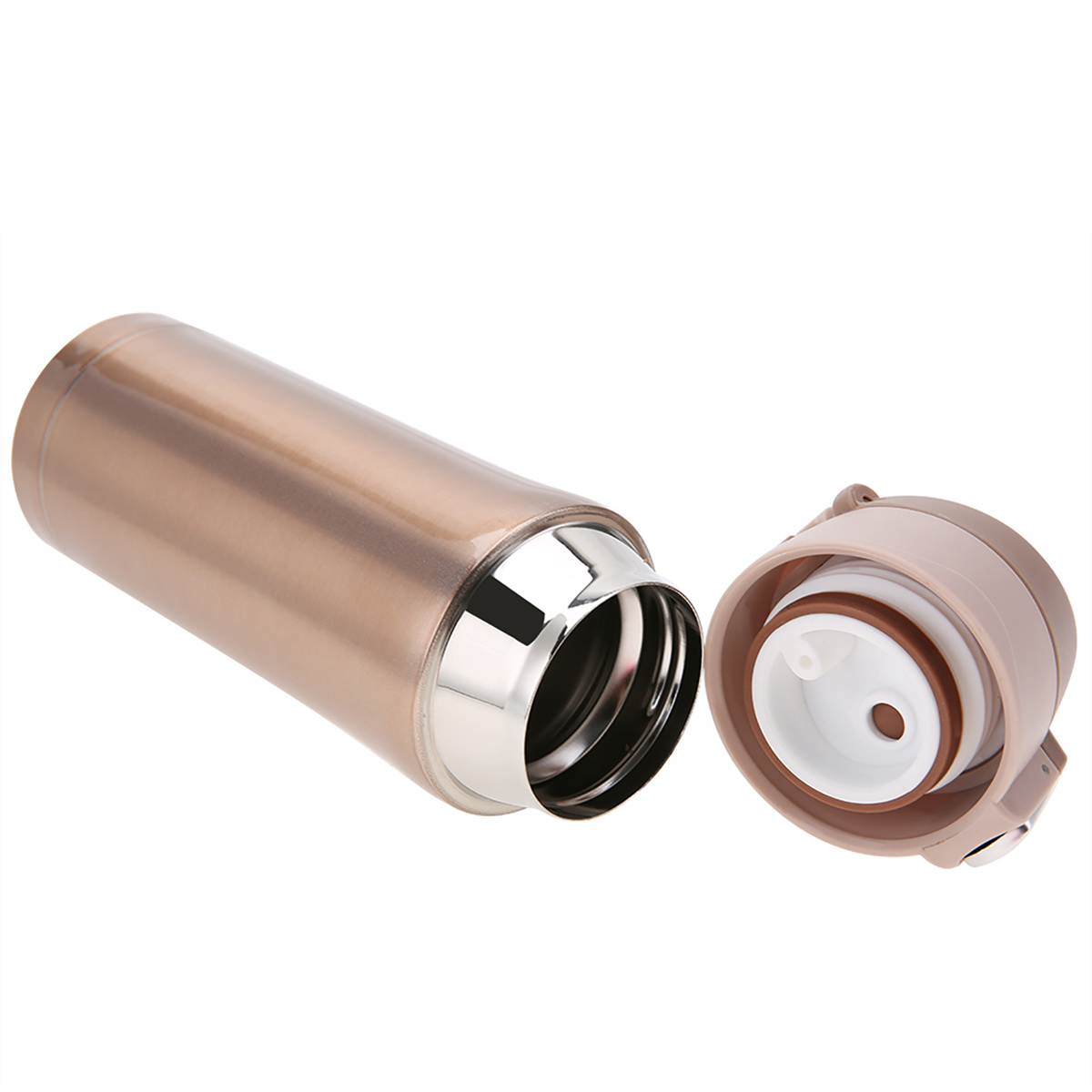 Geöffnete rosegoldene Thermosflasche mit Deckel daneben. Innen Edelstahl und weißer Deckel.