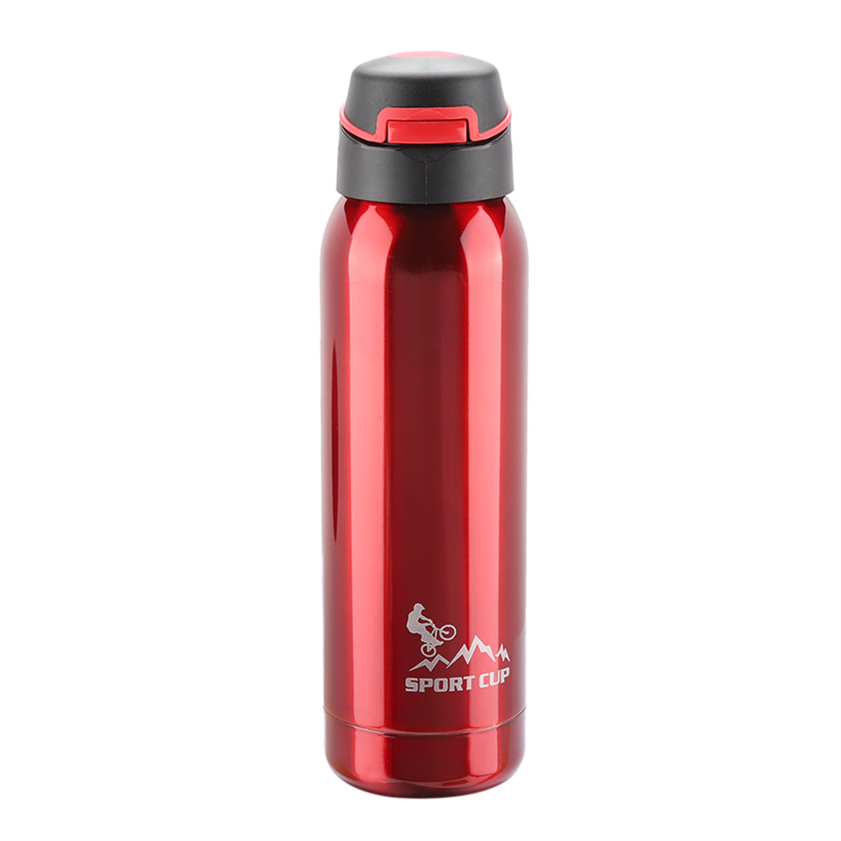 Rote Sport-Wasserflasche mit schwarzem Deckel und Fahrradlogo, aufrecht vor weißem Hintergrund stehend.