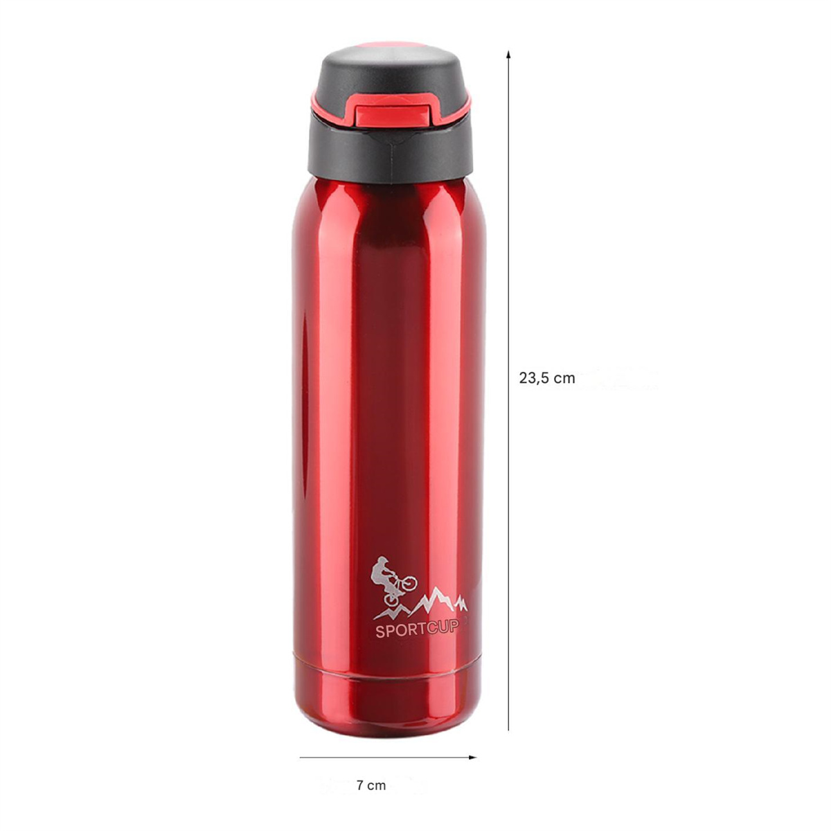 Rote Sport-Wasserflasche mit Maßen und Fahrrad-Illustration. Schwarzer Deckel.