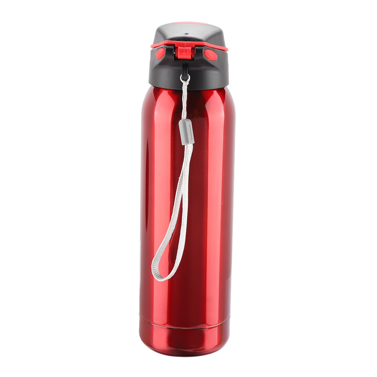 Rote, metallische Wasserflasche mit einem schwarz-roten Deckel. Ein weißes Schlüsselband ist befestigt.