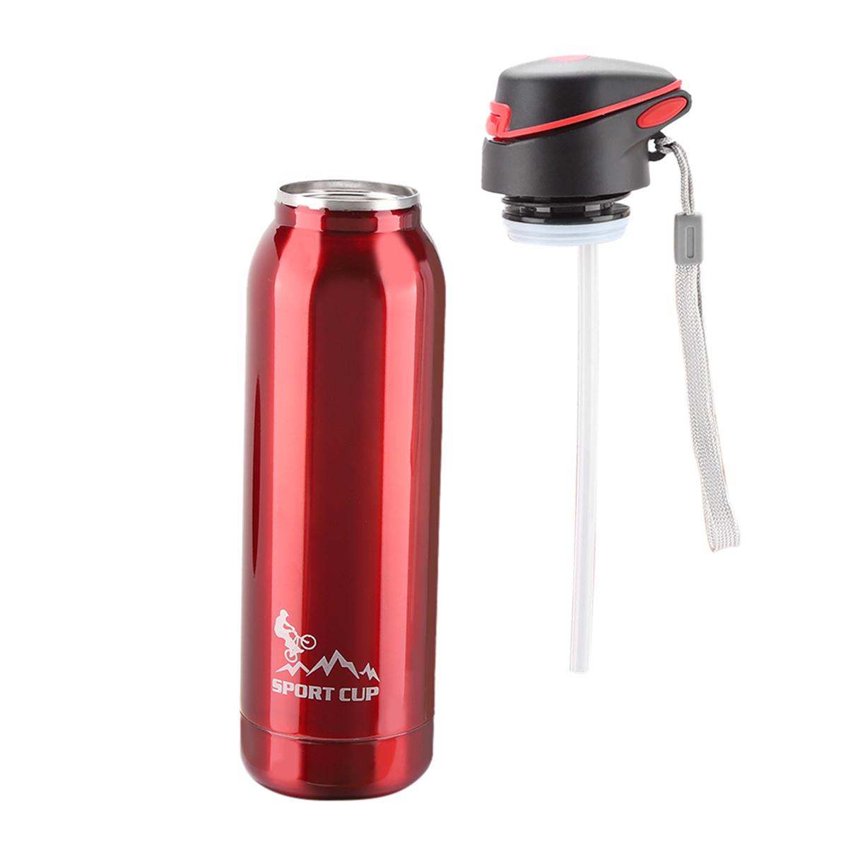 Eine rote Sportbecher-Wasserflasche, deren Deckel entfernt und ein Strohhalm befestigt ist.