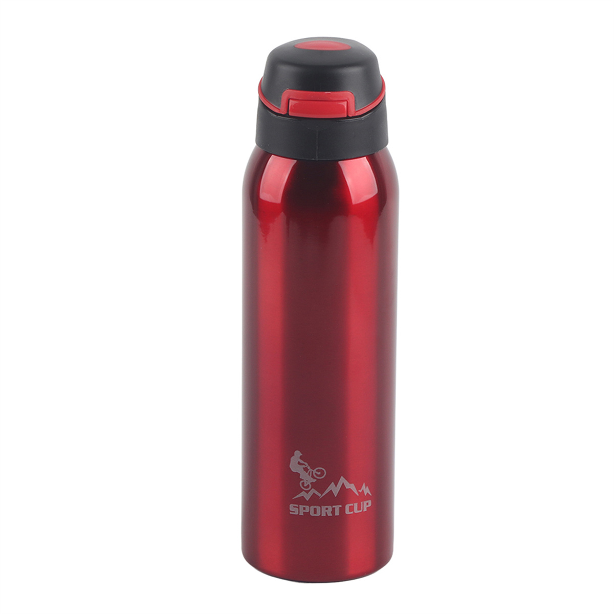 Roter isolierter Sportbecher mit schwarzem Deckel und Fahrradlogo.