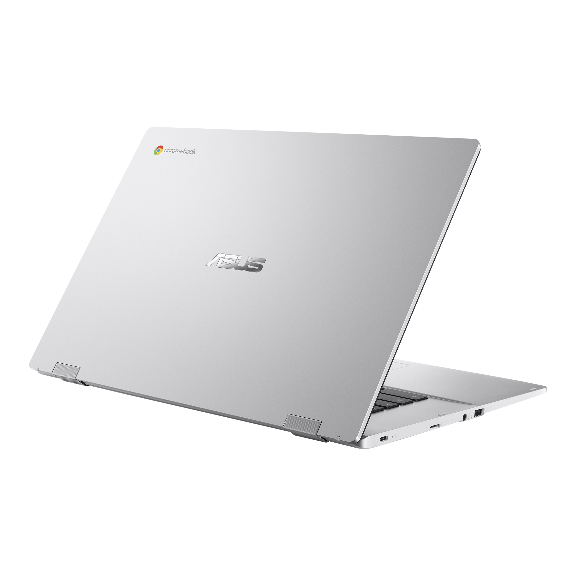 Srebrny laptop ASUS Chromebook, widok z tyłu. Ekran jest lekko otwarty.