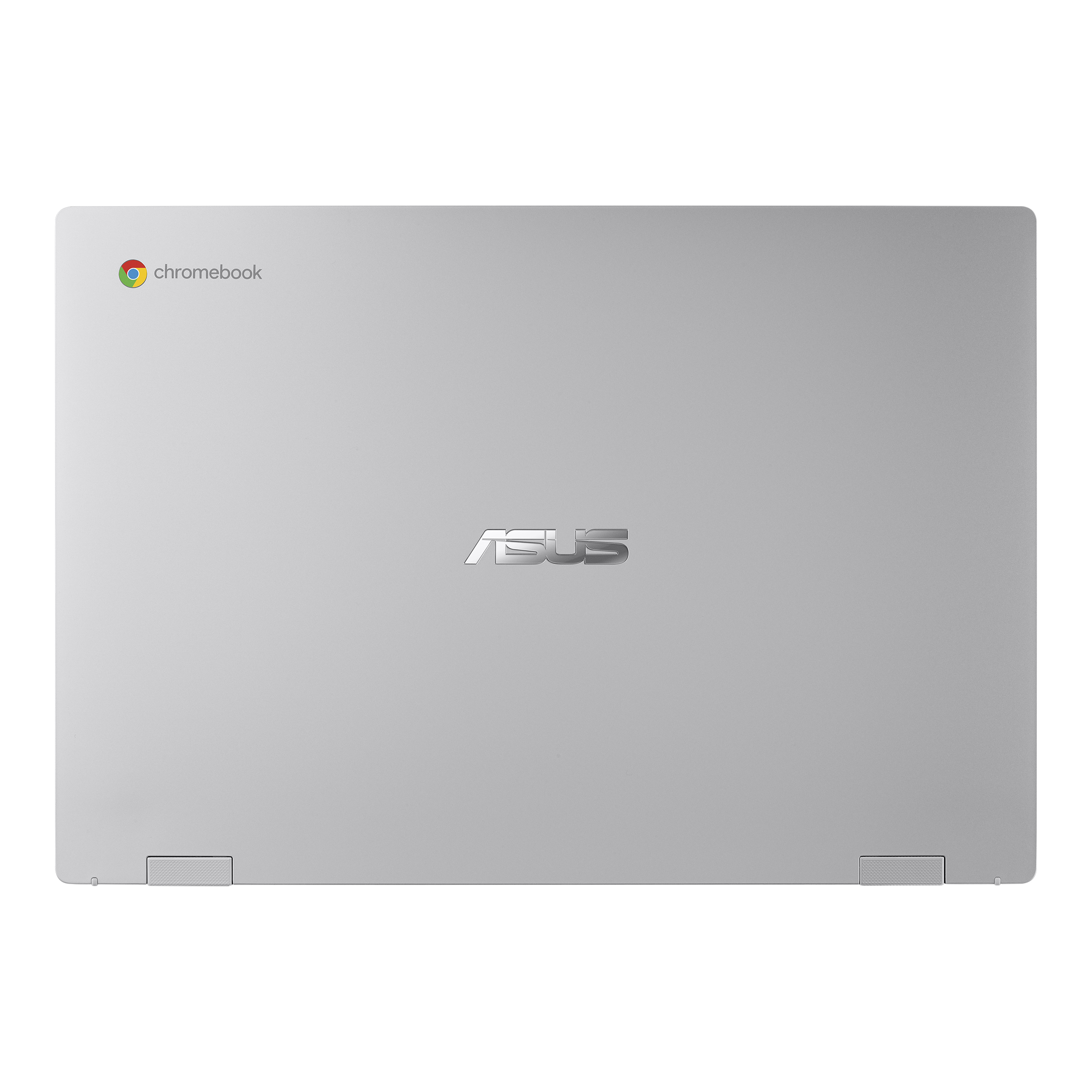Srebrny laptop z logo ASUS i logo Chromebook na pokrywie.