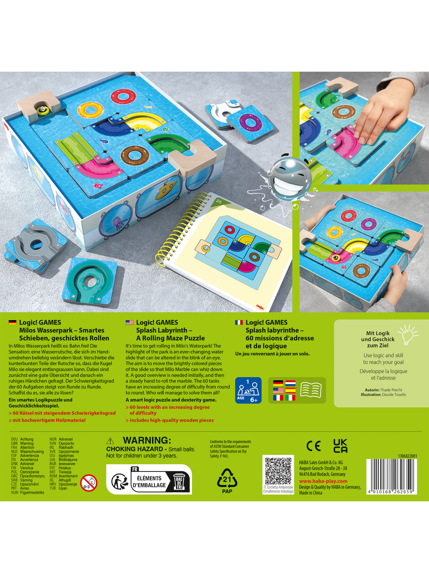 Una scatola di puzzle game e il gioco assemblato. La scatola mostra un puzzle labirinto con binari colorati e pezzi di legno.