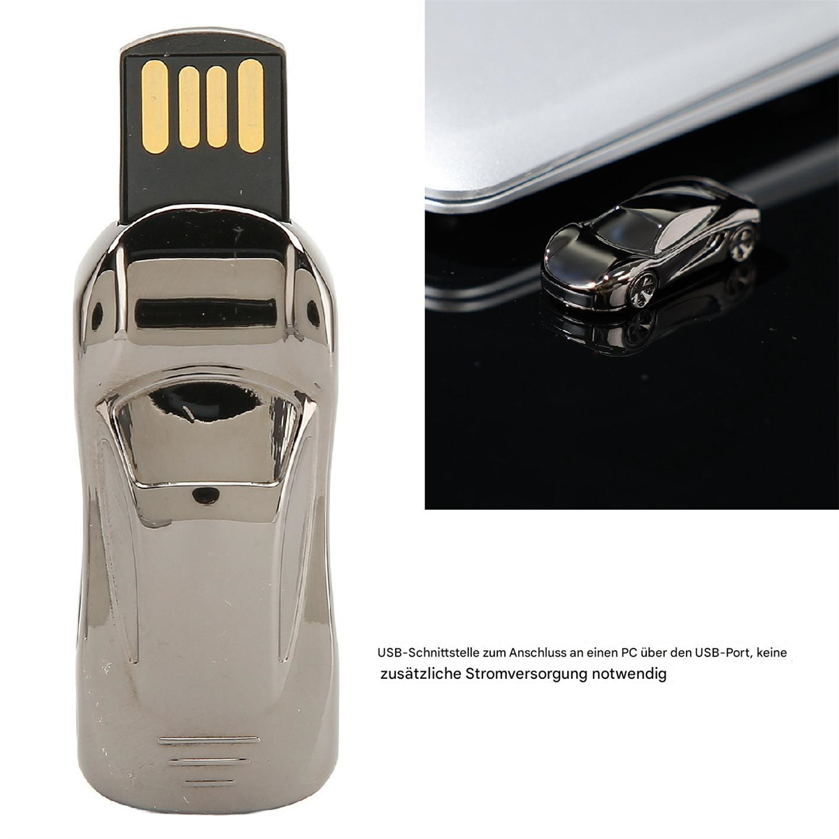 Ein silberner USB-Stick in Form eines Autos ist an einen PC angeschlossen. Ein Miniaturauto liegt.