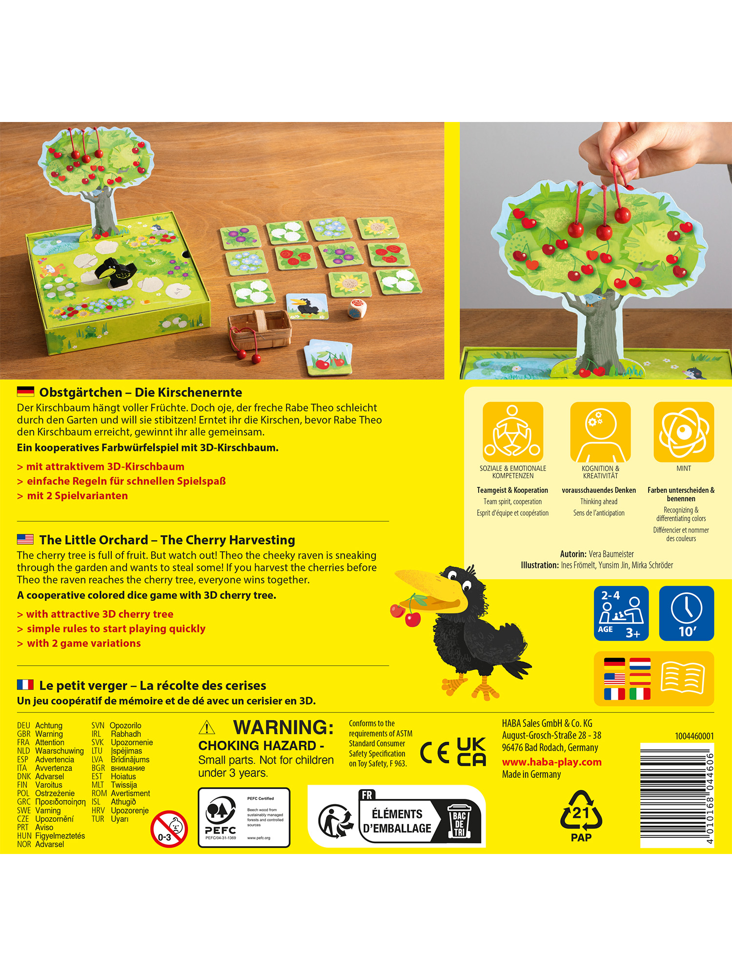 Ein Brettspielkarton mit einem schwarzen Vogel und einem Kirschbaum. Enthält Spielsteine. Text in mehreren Sprachen.