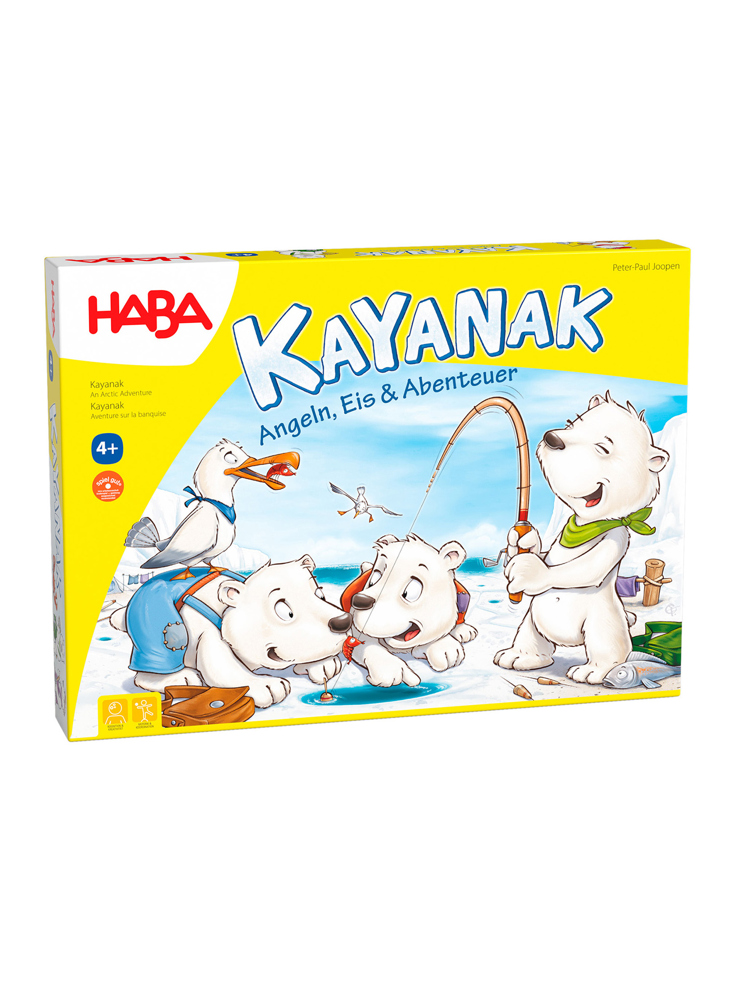 Kayanak Brettspielbox mit Eisbären beim Angeln auf Eis, mit einer Möwe.