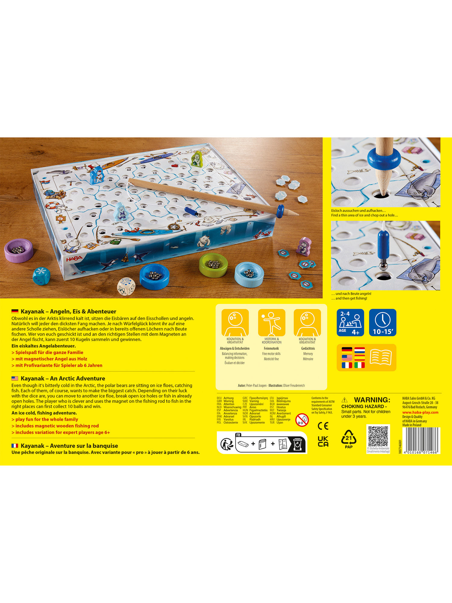 Brettspiel mit Eisschollen und Figuren, mit Text und Anweisungen in mehreren Sprachen.