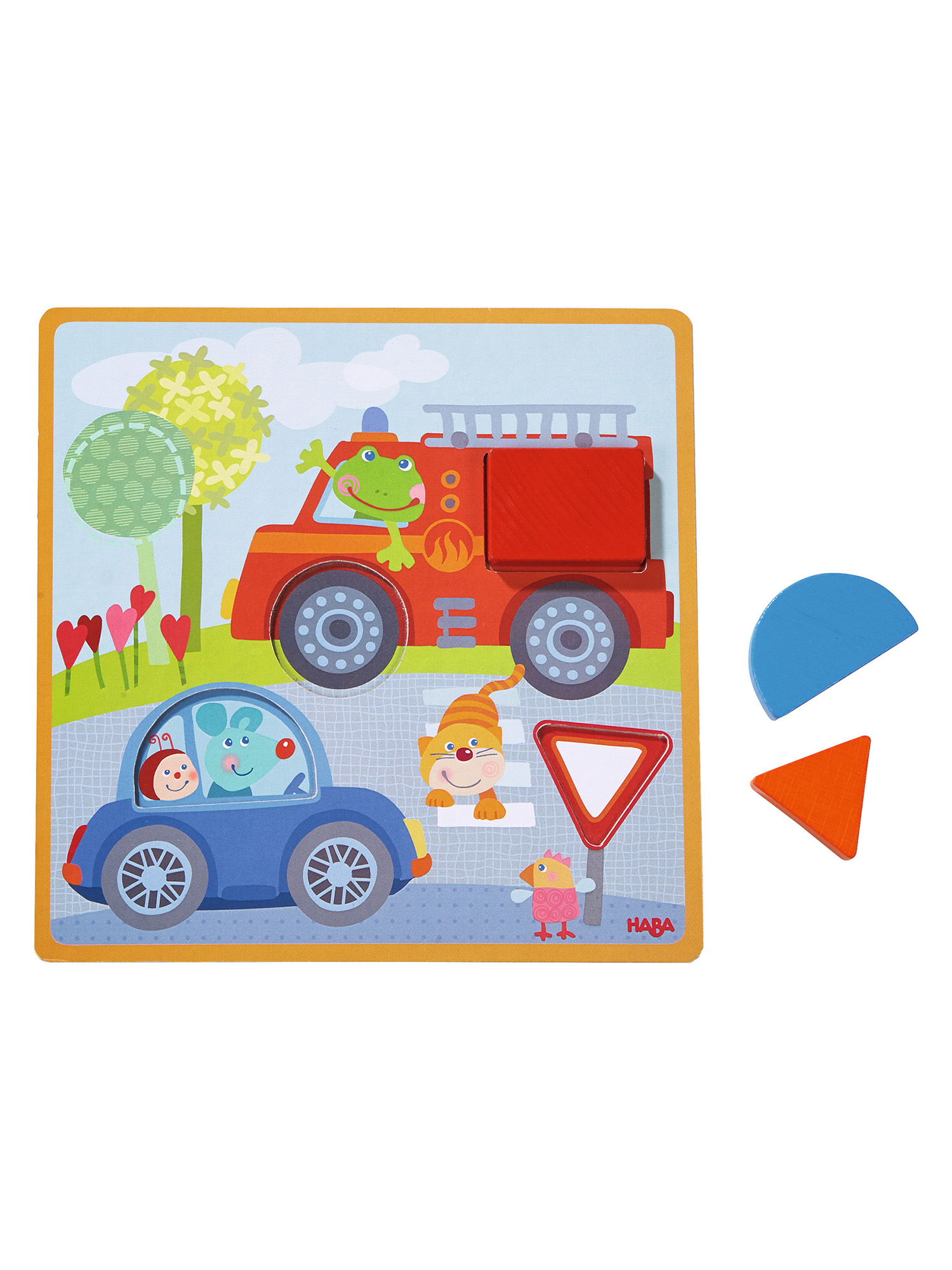 Farbenfrohes Holzpuzzle mit Auto, Feuerwehrauto und Tierfiguren.