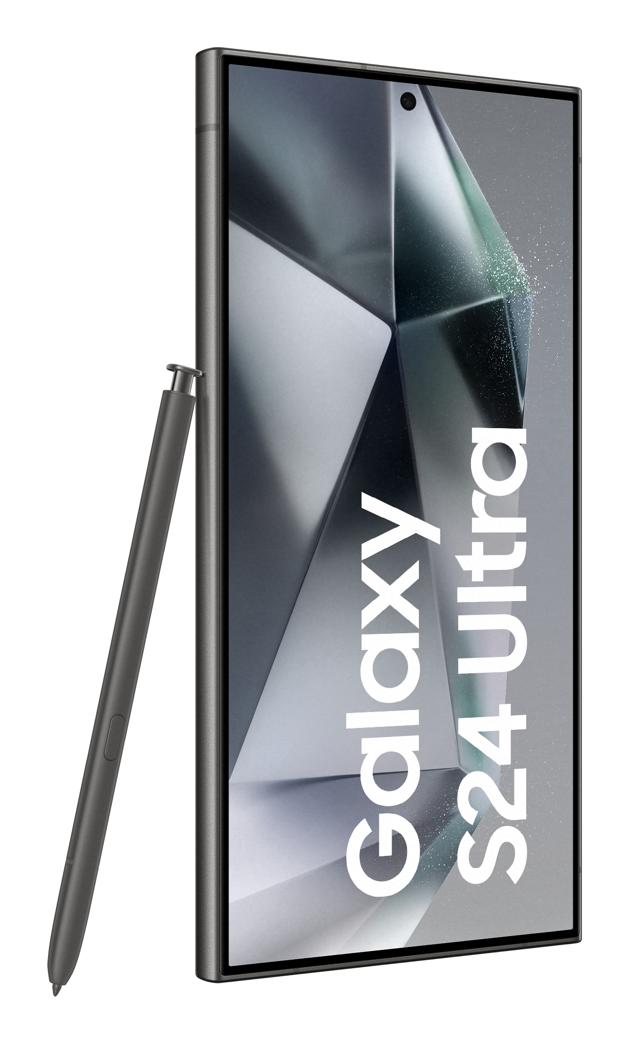 Een gekantelde Samsung Galaxy S24 Ultra smartphone met een stylus. De telefoon heeft een groot scherm.