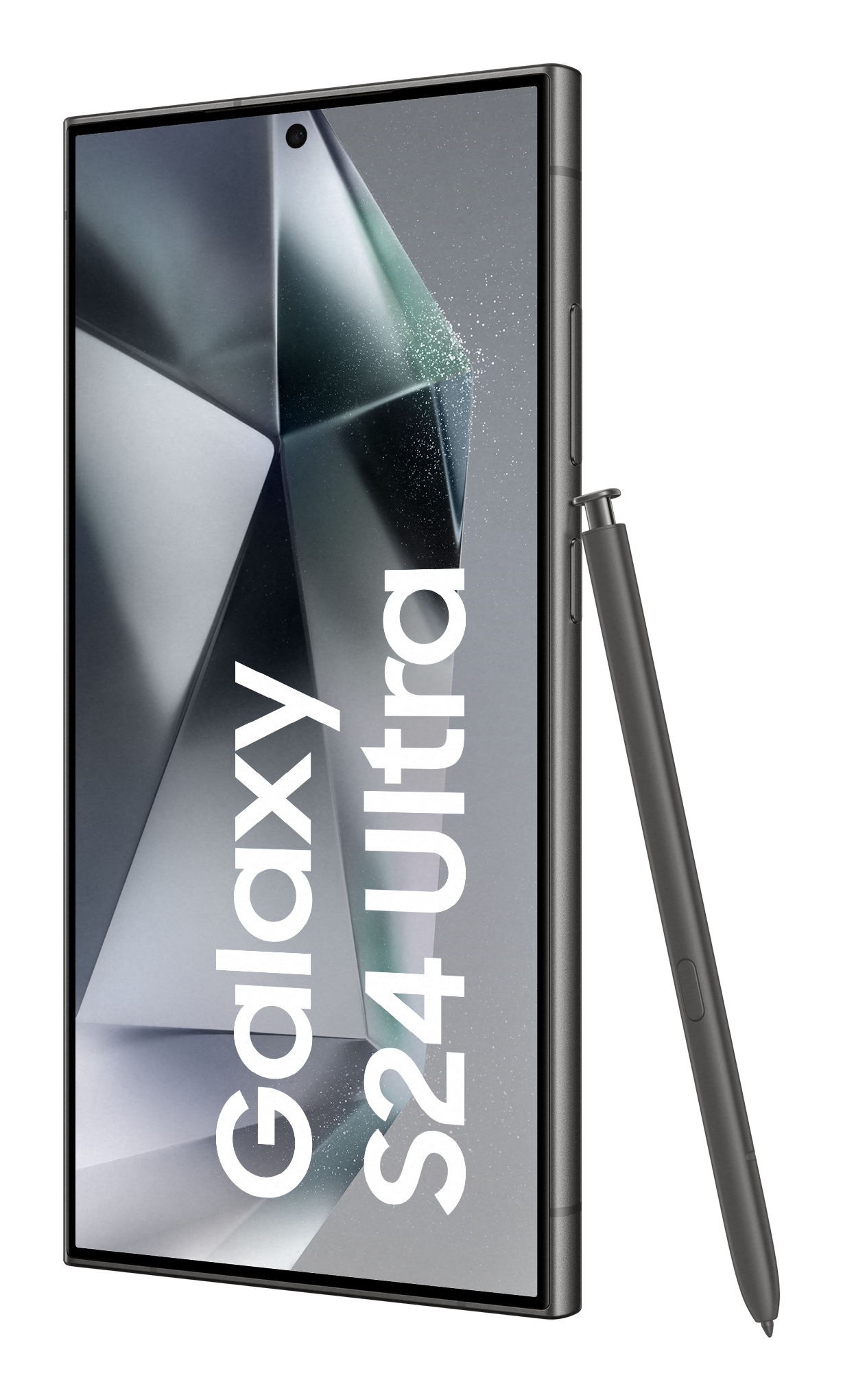 Samsung Galaxy S24 Ultra telefoon met stylus. Telefoon toont tekst, witte achtergrond.