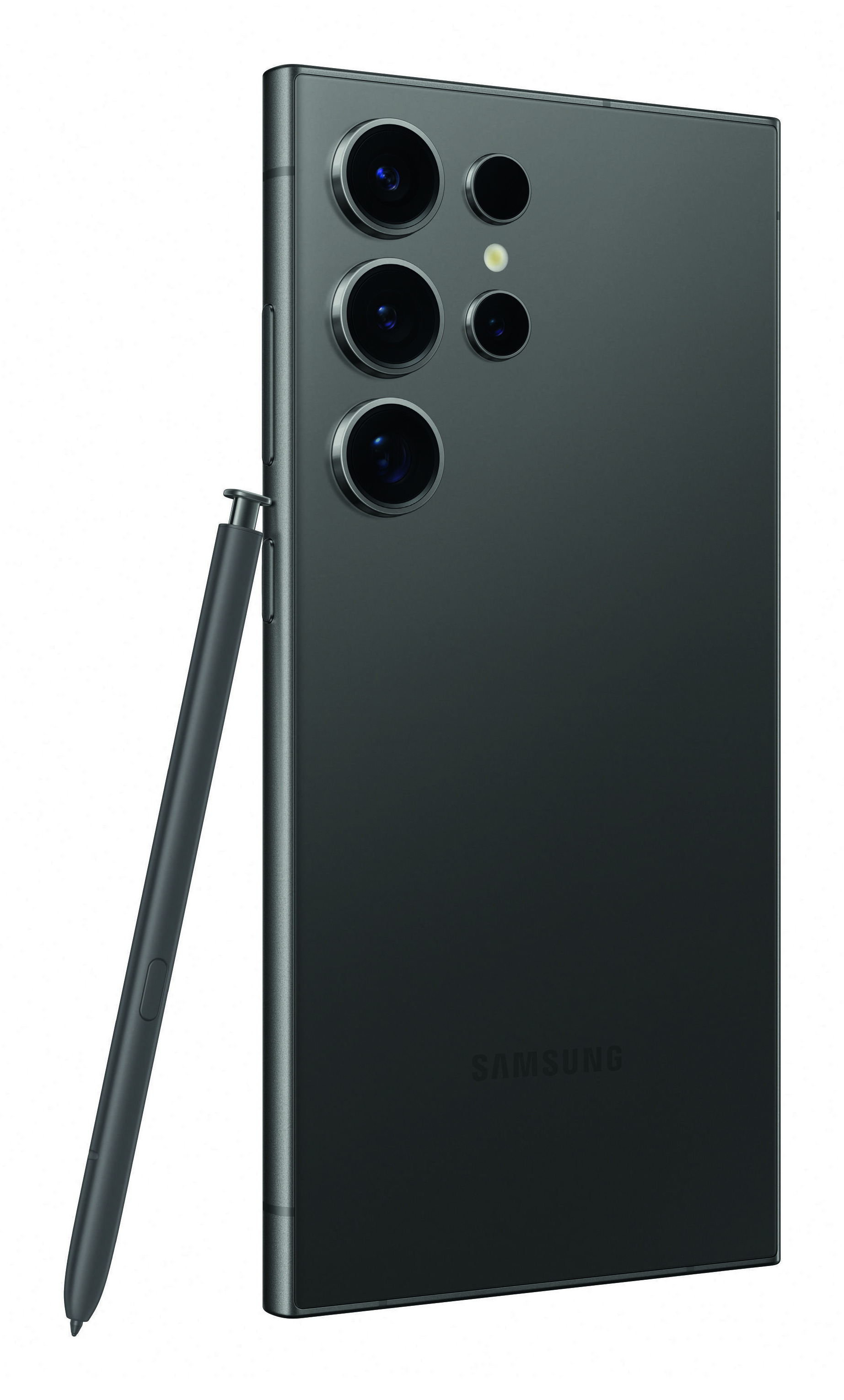 Dark gray Samsung phone with multiple rear cameras and a stylus.
