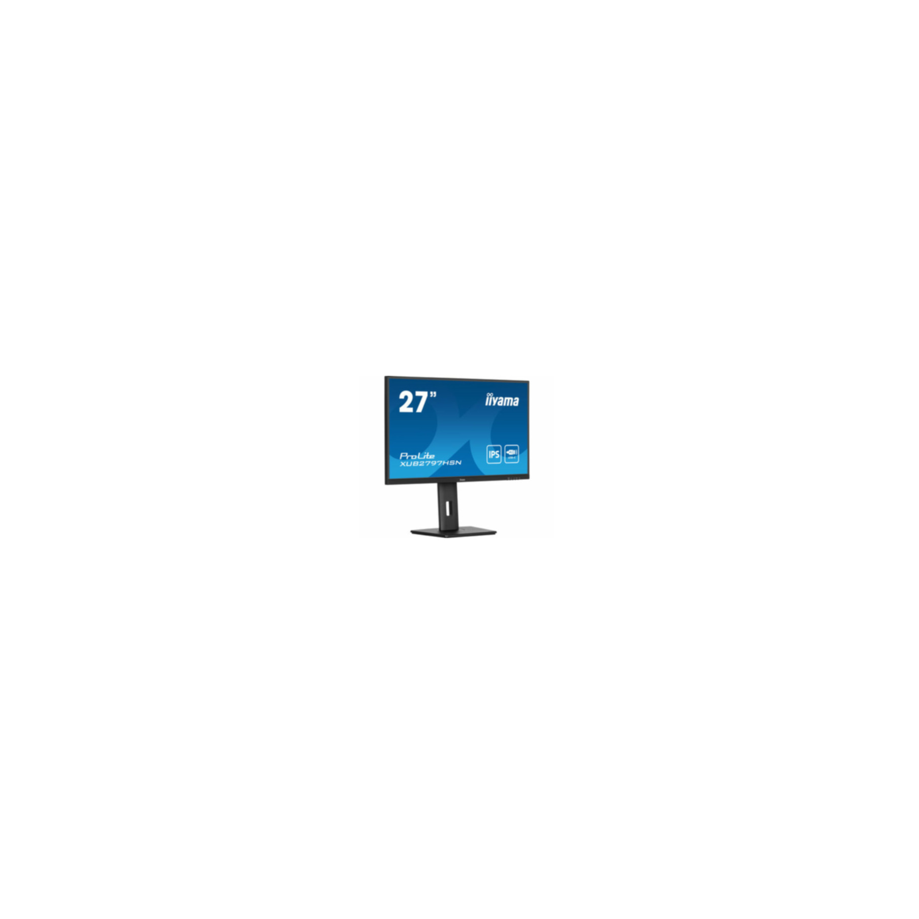 Monitor de computadora de 27 pulgadas sobre un soporte. La pantalla muestra el nombre de la marca y las especificaciones.