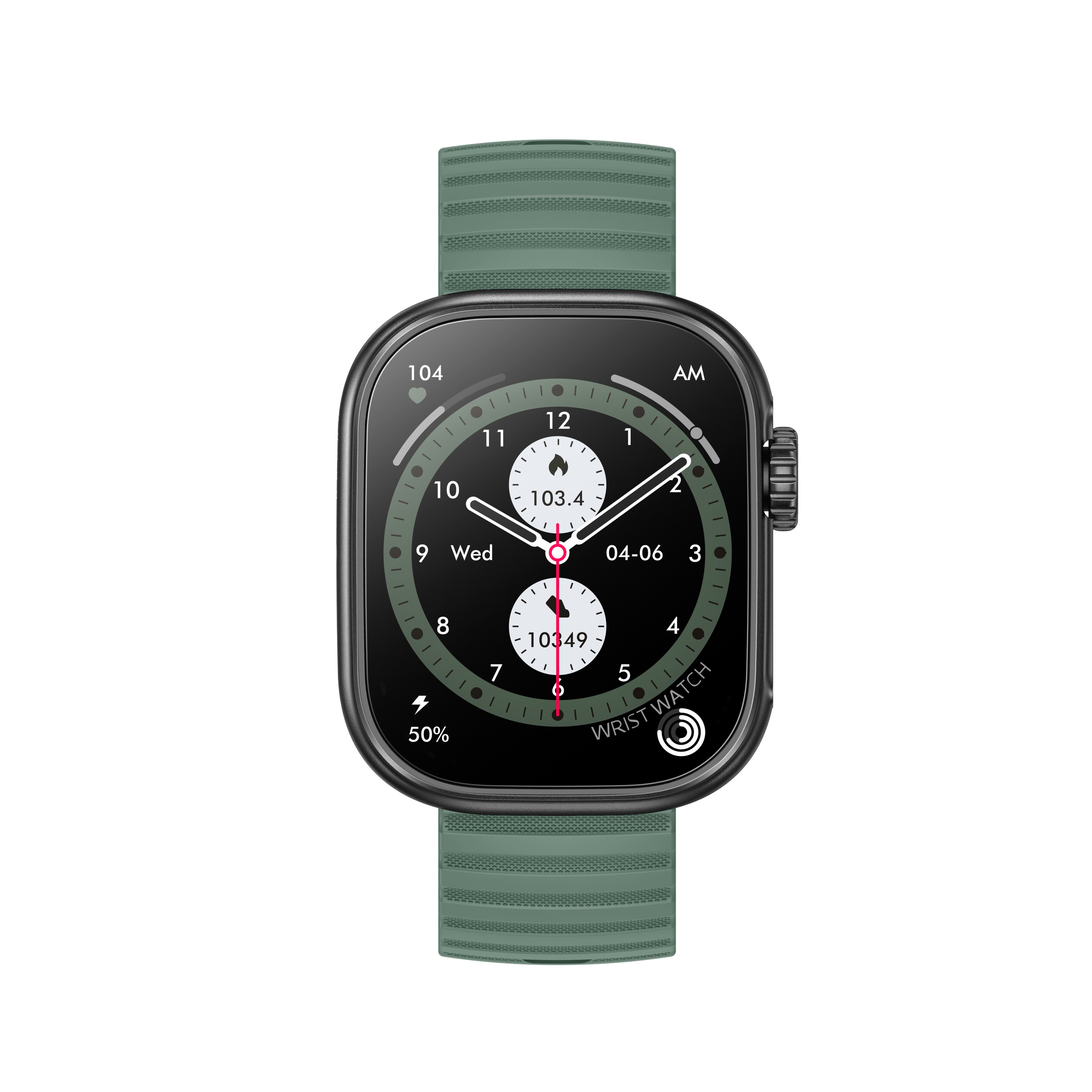 Smartwatch con correa verde, marco negro y pantalla redonda con hora y datos.
