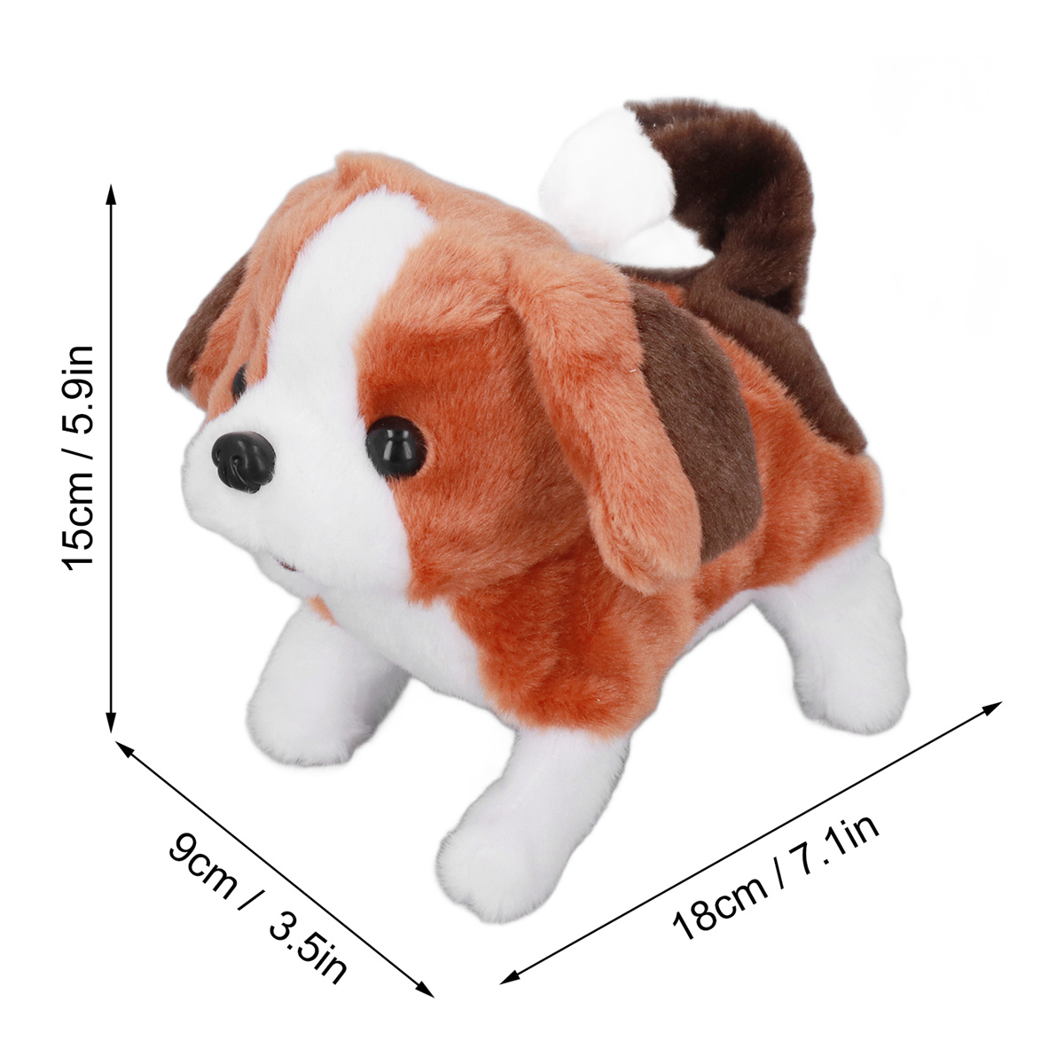 Ein Spielzeug-Beagle-Hund mit beschrifteten Abmessungen, der auf seinen vier Beinen steht.