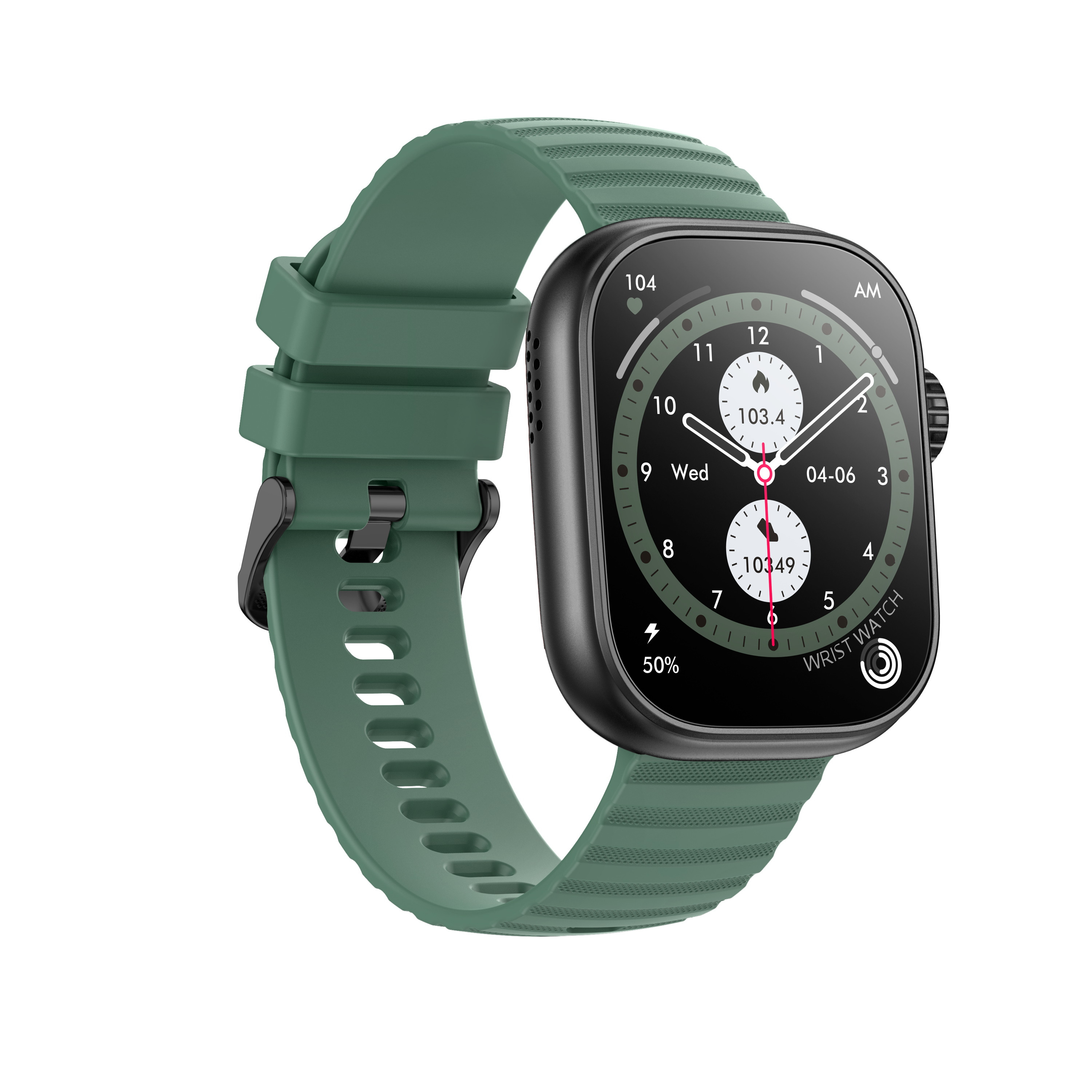Reloj inteligente verde con pantalla negra, sobre superficie blanca.