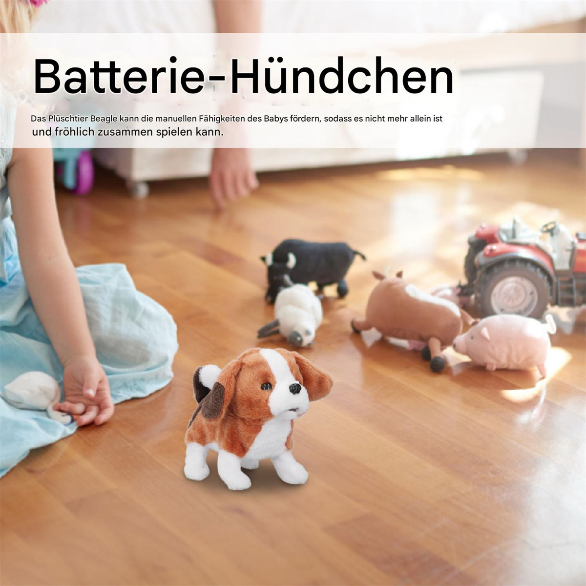 Ein Spielzeug-Hund mit anderen Spielzeug-Tieren auf einem Holzboden. Der Hund ist braun und weiß.