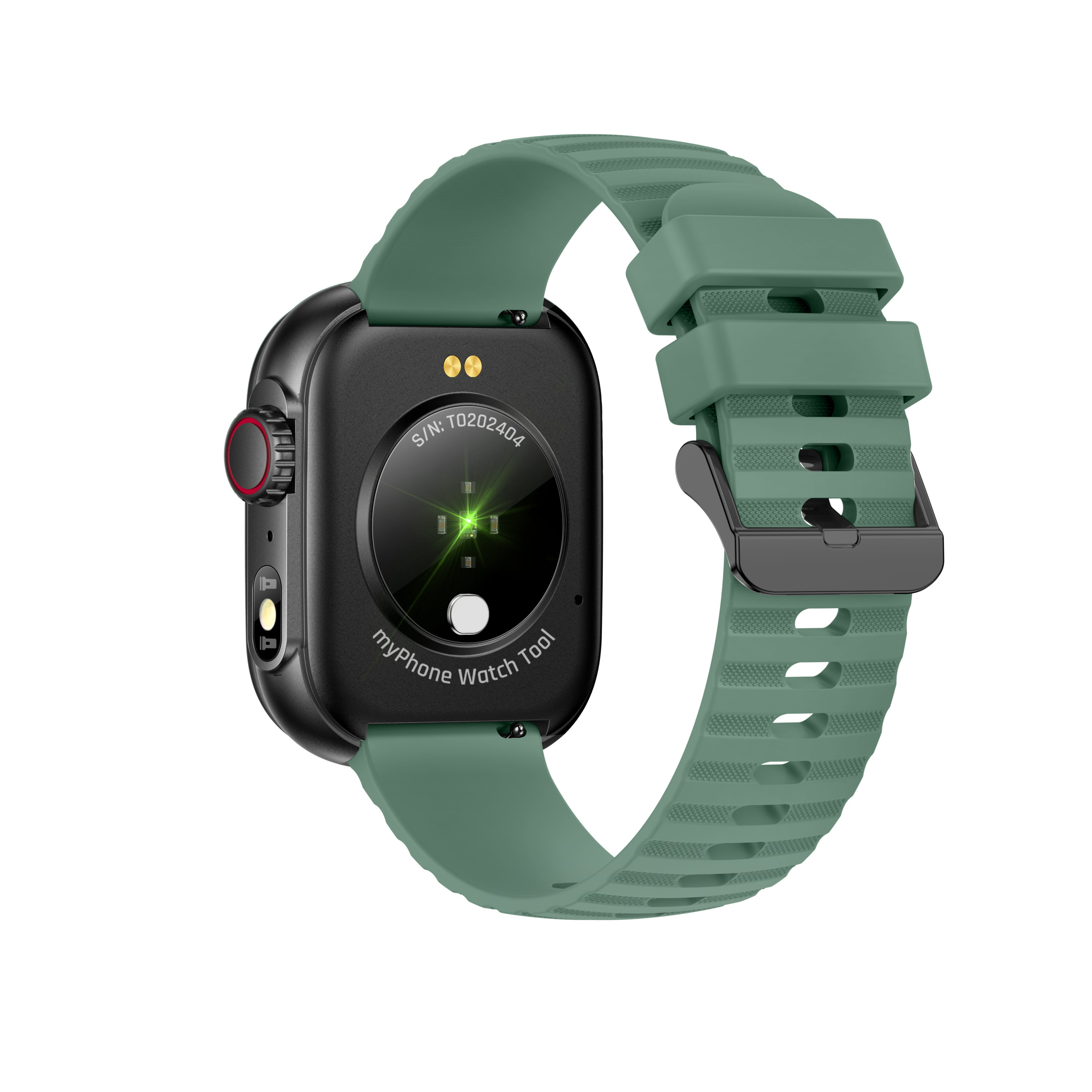 Reloj inteligente verde con correa verde y pantalla negra, mostrando la parte inferior.