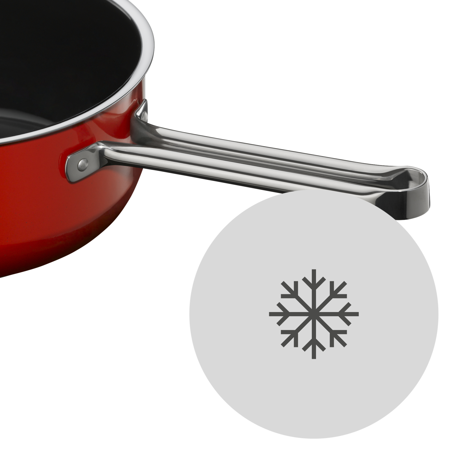 Roter Kochtopf mit silbernem Griff. Ein Schneeflocken-Symbol in einem weißen Kreis in der Nähe des Topfes.