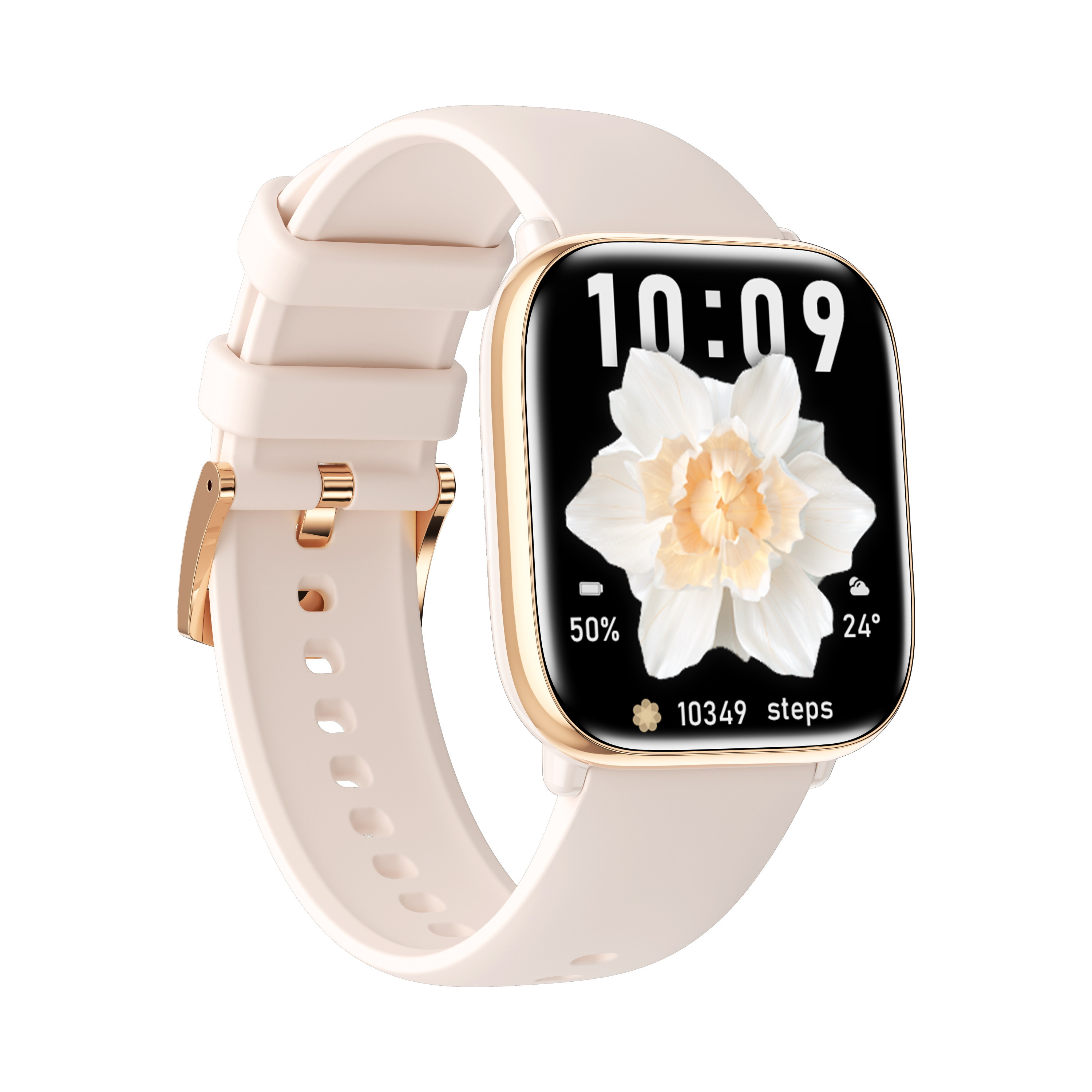 Smartwatch con correa rosa claro y caja dorada. La pantalla muestra la hora y otros datos.