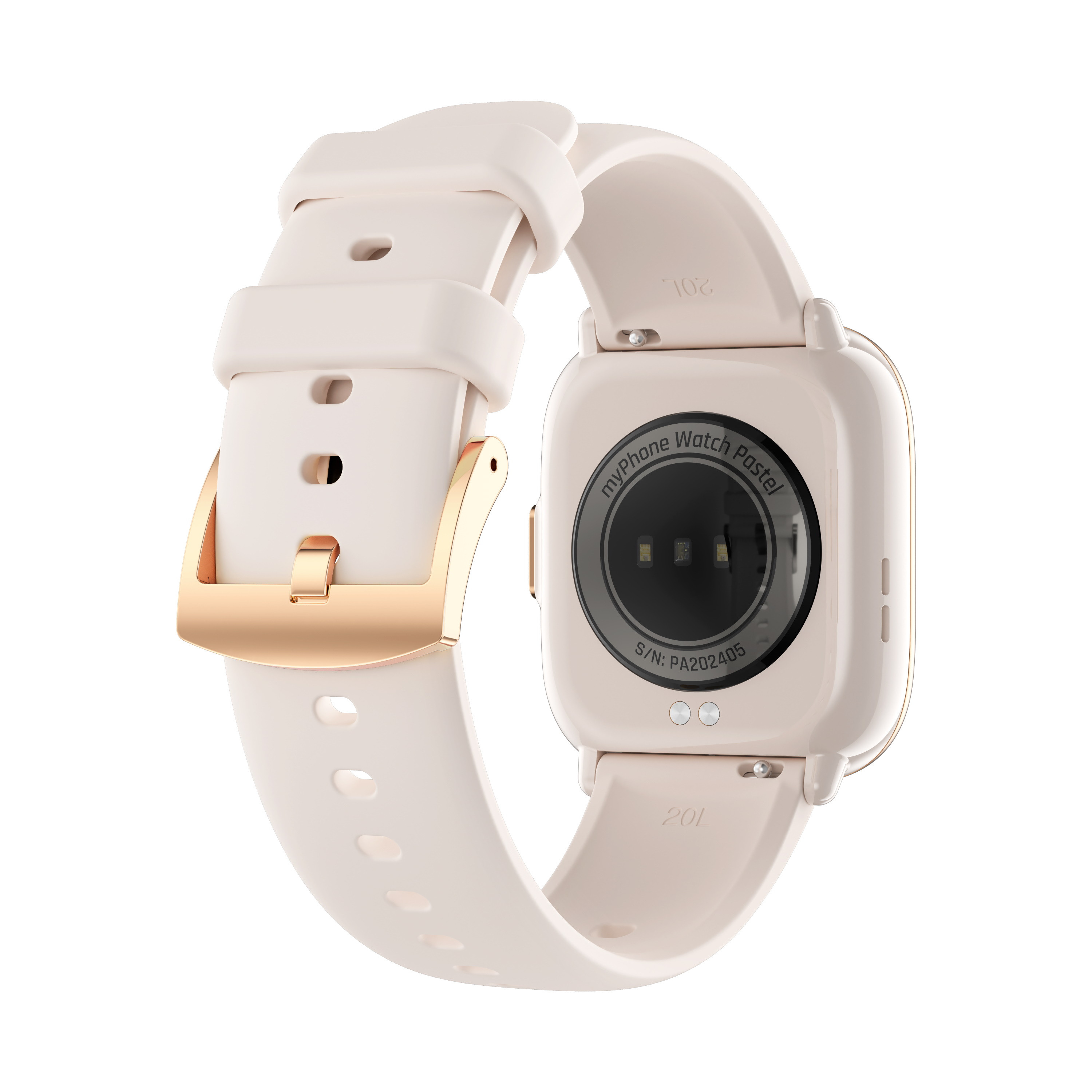 Smartwatch color crema con correa rosa y cierre dorado.